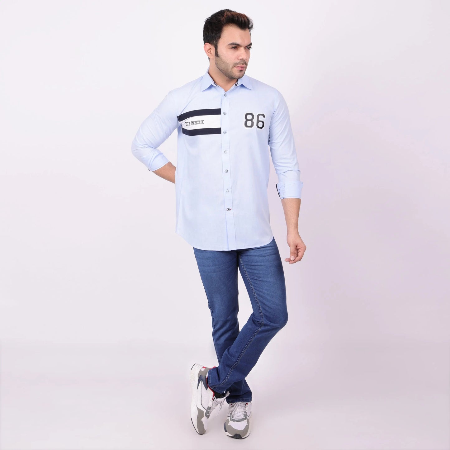 Pier Seven Men's Cotton Blended Placement Print Regular Fit Shirt - Blue (CWY011) Pier Seven