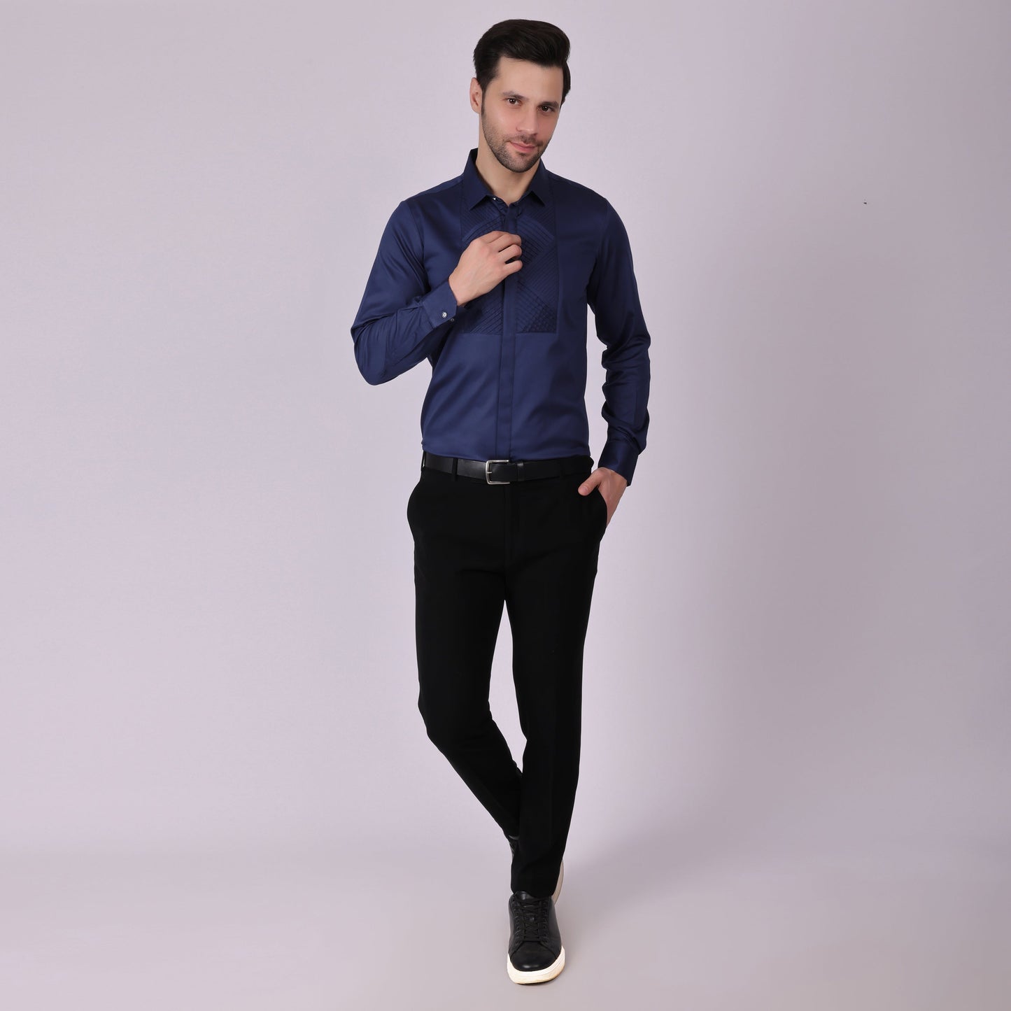 Pier Seven Signature Cotton Satin Self Design Slim Fit Shirt for Men - Navy (PWM021) Pier Seven
