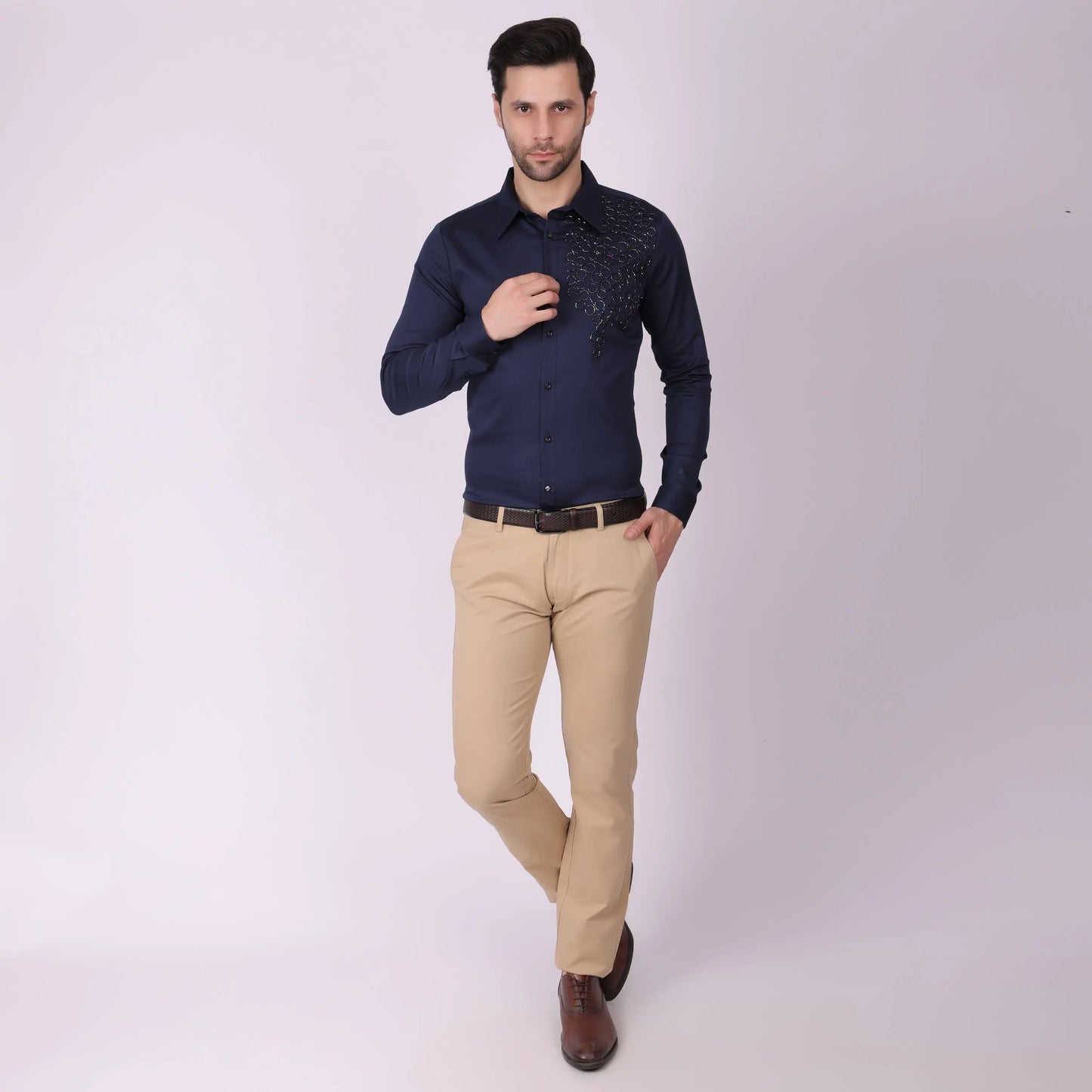 Pier Seven Men's Cotton Satin Bead Work Slim Fit Shirt - Navy Blue (PWY003) Pier Seven