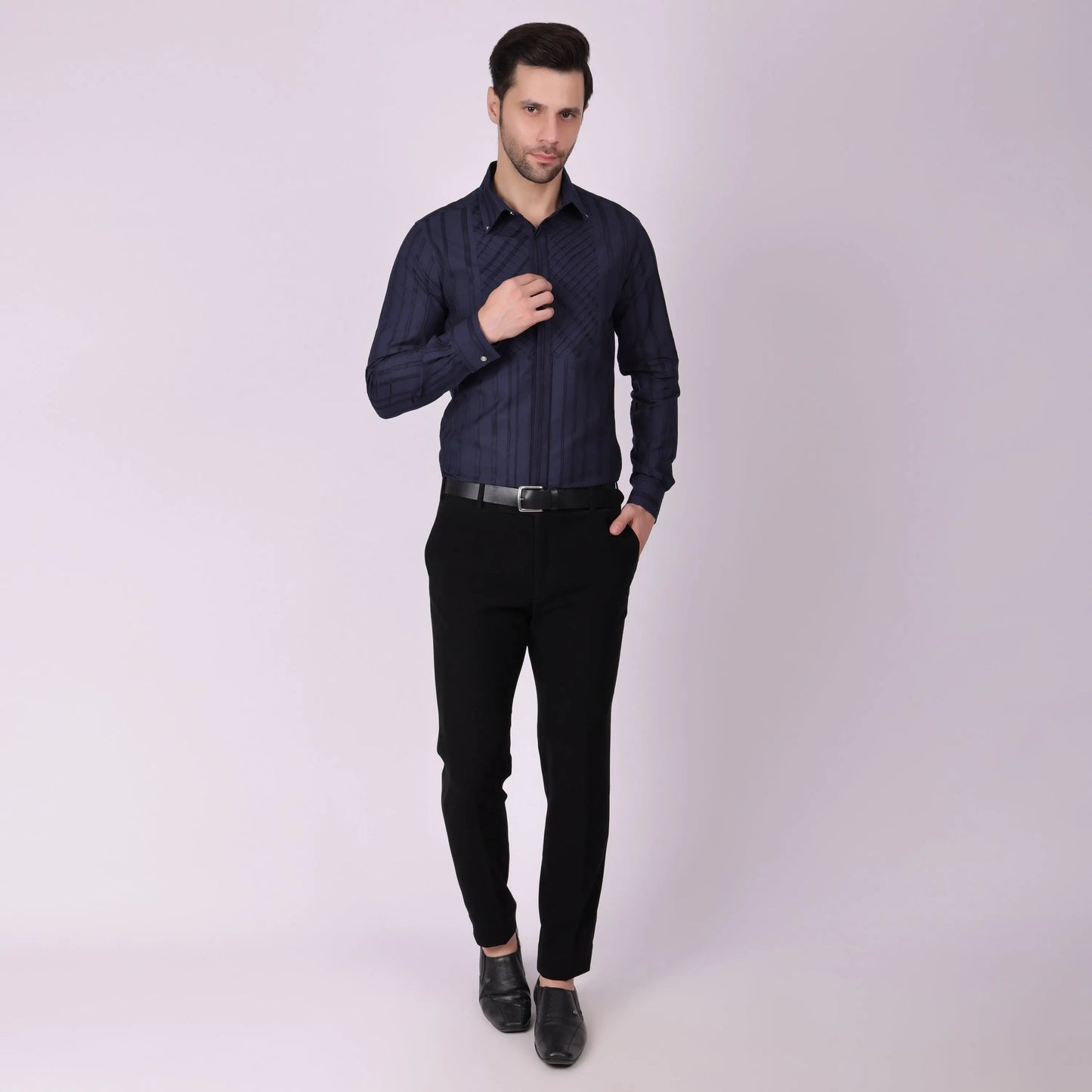 Pier Seven Men's Cotton Striped Pleated Yoke Regular Fit Shirt - Navy Blue (PWY054) Pier Seven