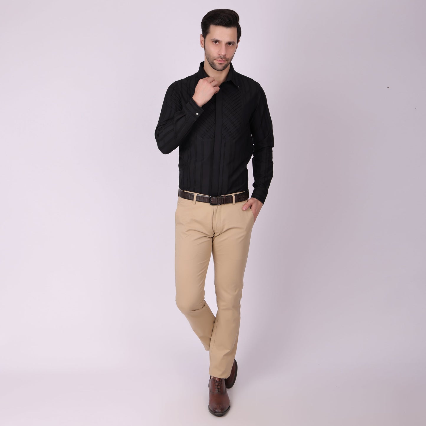 Pier Seven Men's Cotton Striped Pleated Yoke Regular Fit Shirt - Black (PWY054) Pier Seven