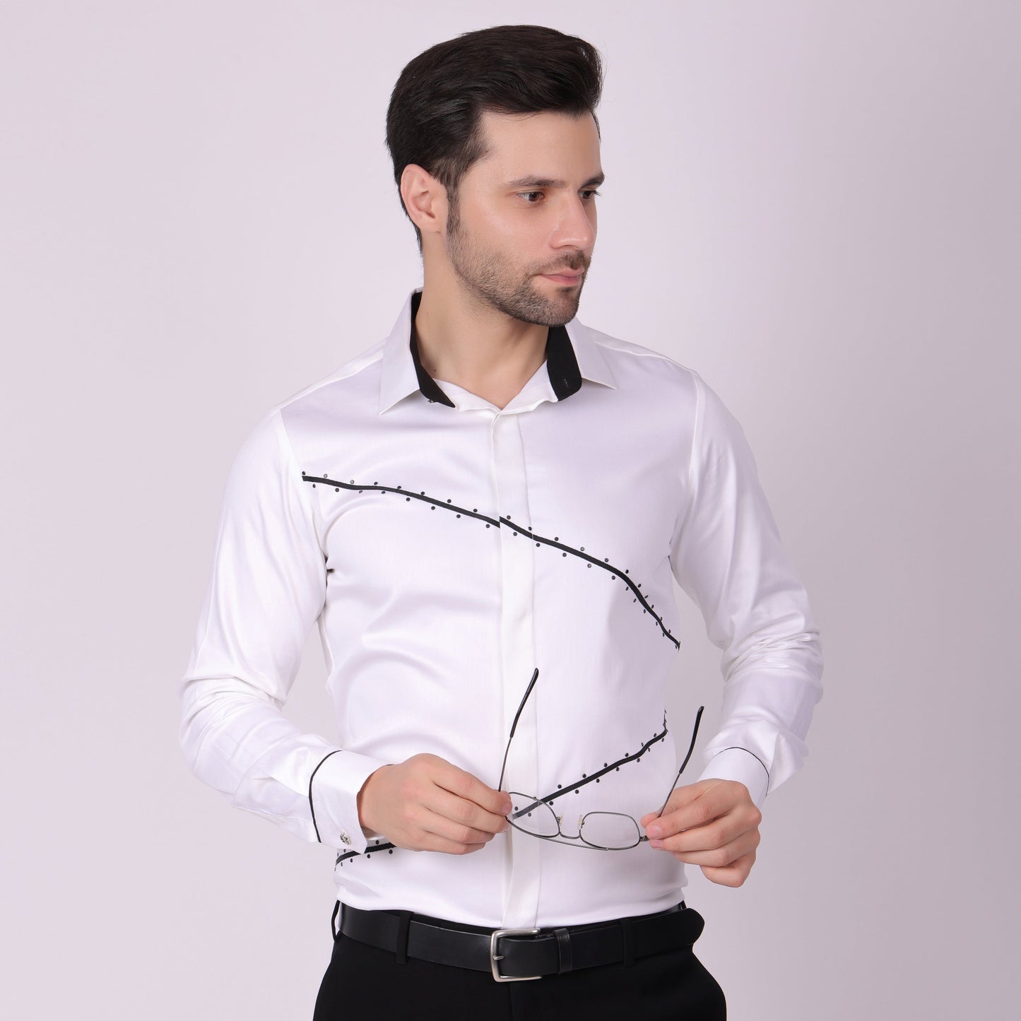 Pier Seven Signature Cotton Blend Lace Work Slim Fit Shirt for Men - White (PWY062) Pier Seven