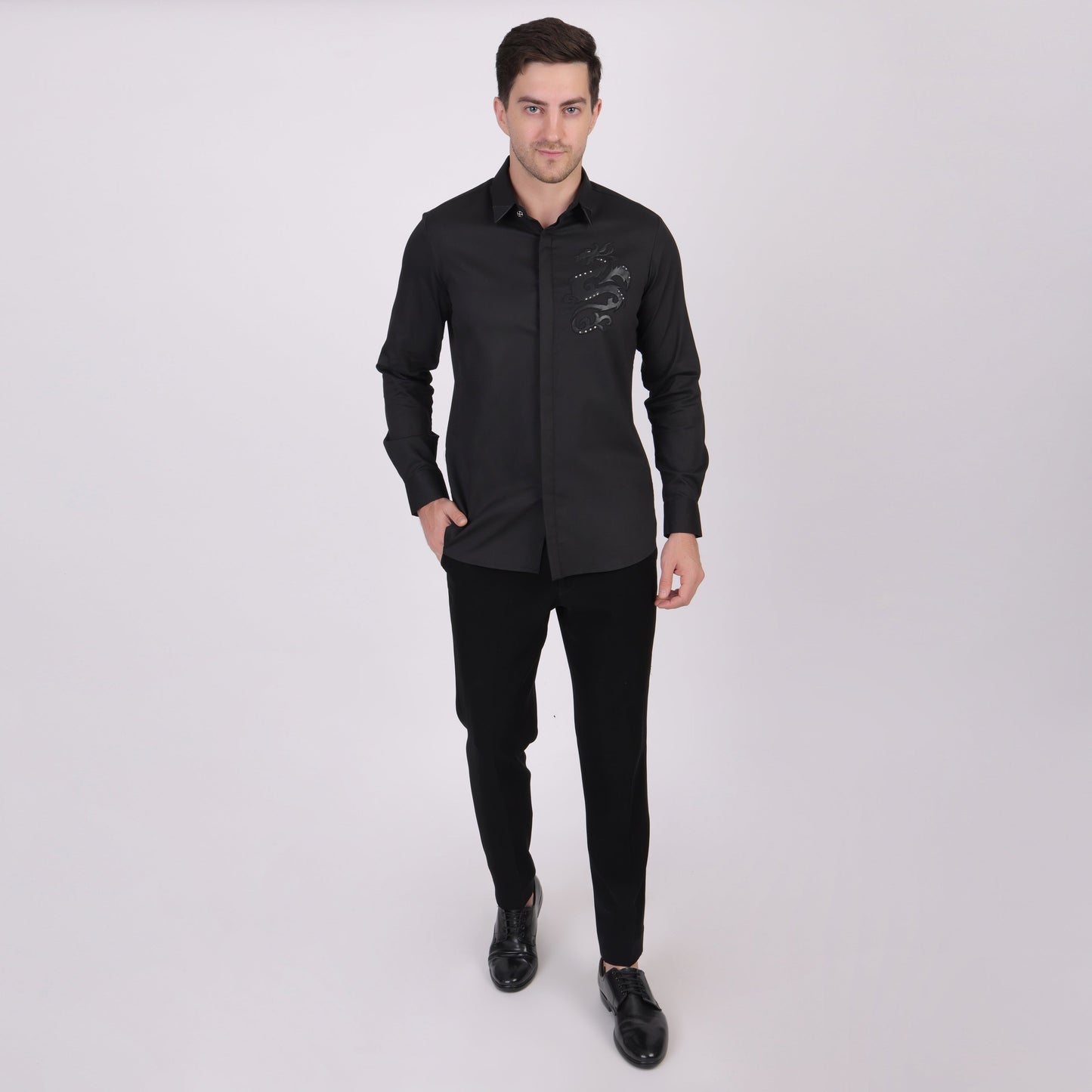 Pier Seven Signature Cotton Patch Work Slim Fit Shirt for Men - Black (PWY075) Pier Seven