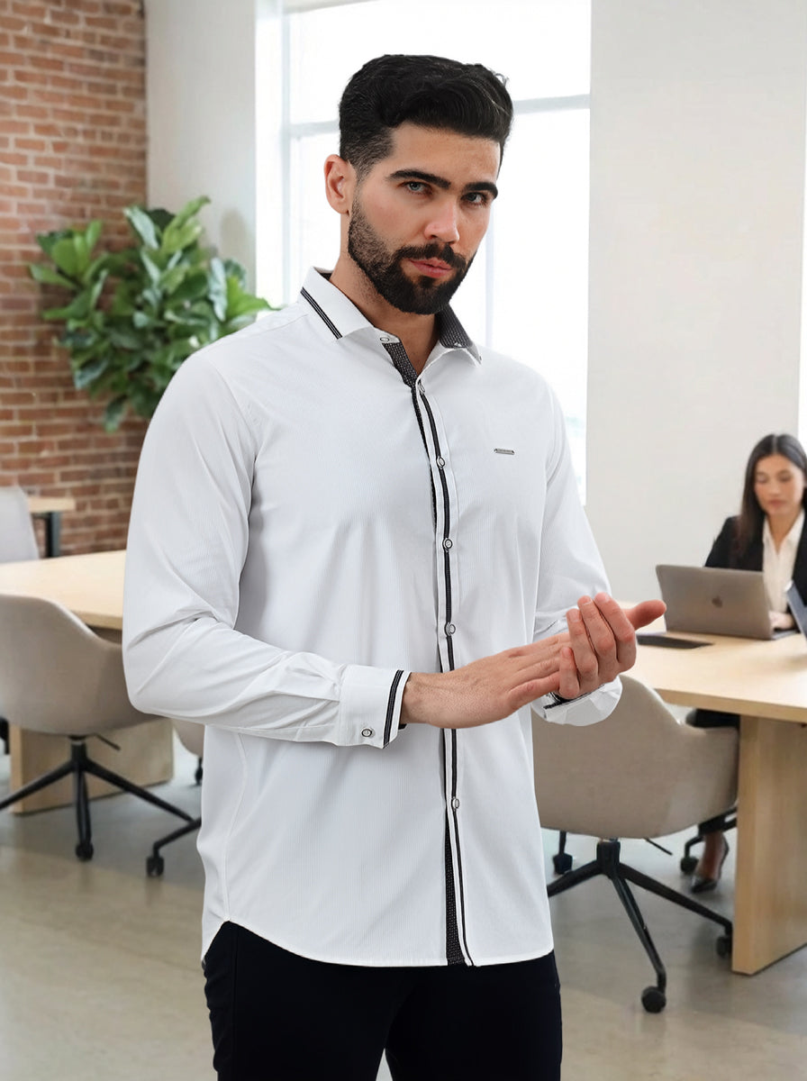 WHITE NAVY PRINTED CONTRAST TRIM CASUAL SHIRT