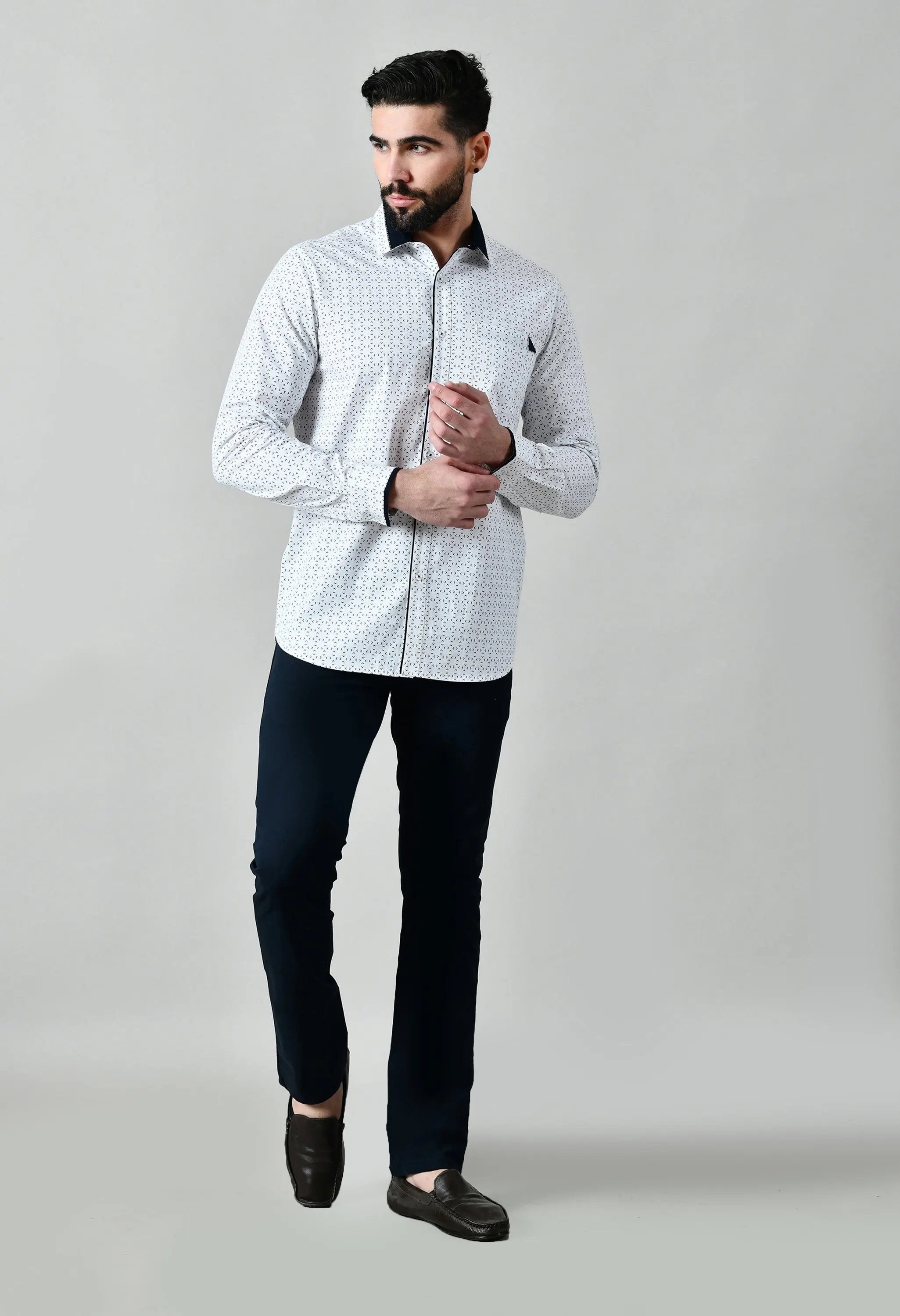 Pier Seven Men's Cotton Printed Regular Fit Shirt - White (CWM110) Pier Seven