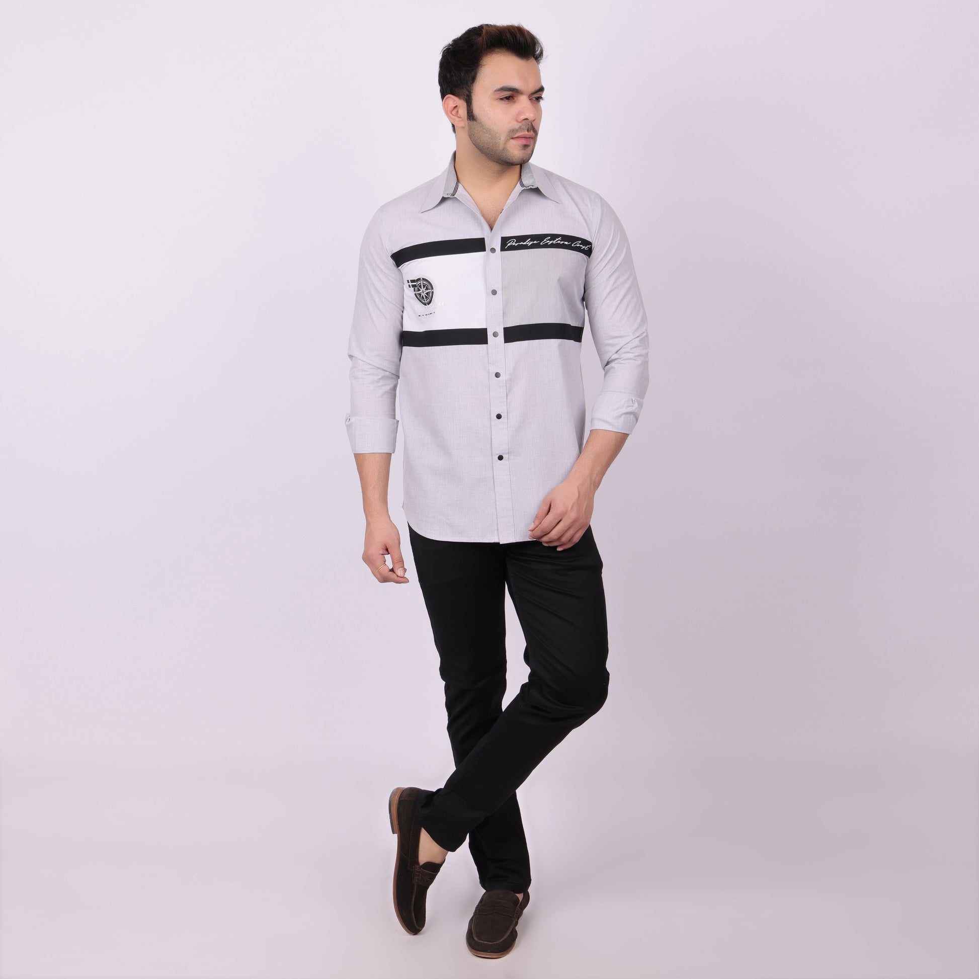 Pier Seven Tailored Polycotton Colour Block Regular Fit Shirt for Men - Grey (CWY009) Pier Seven