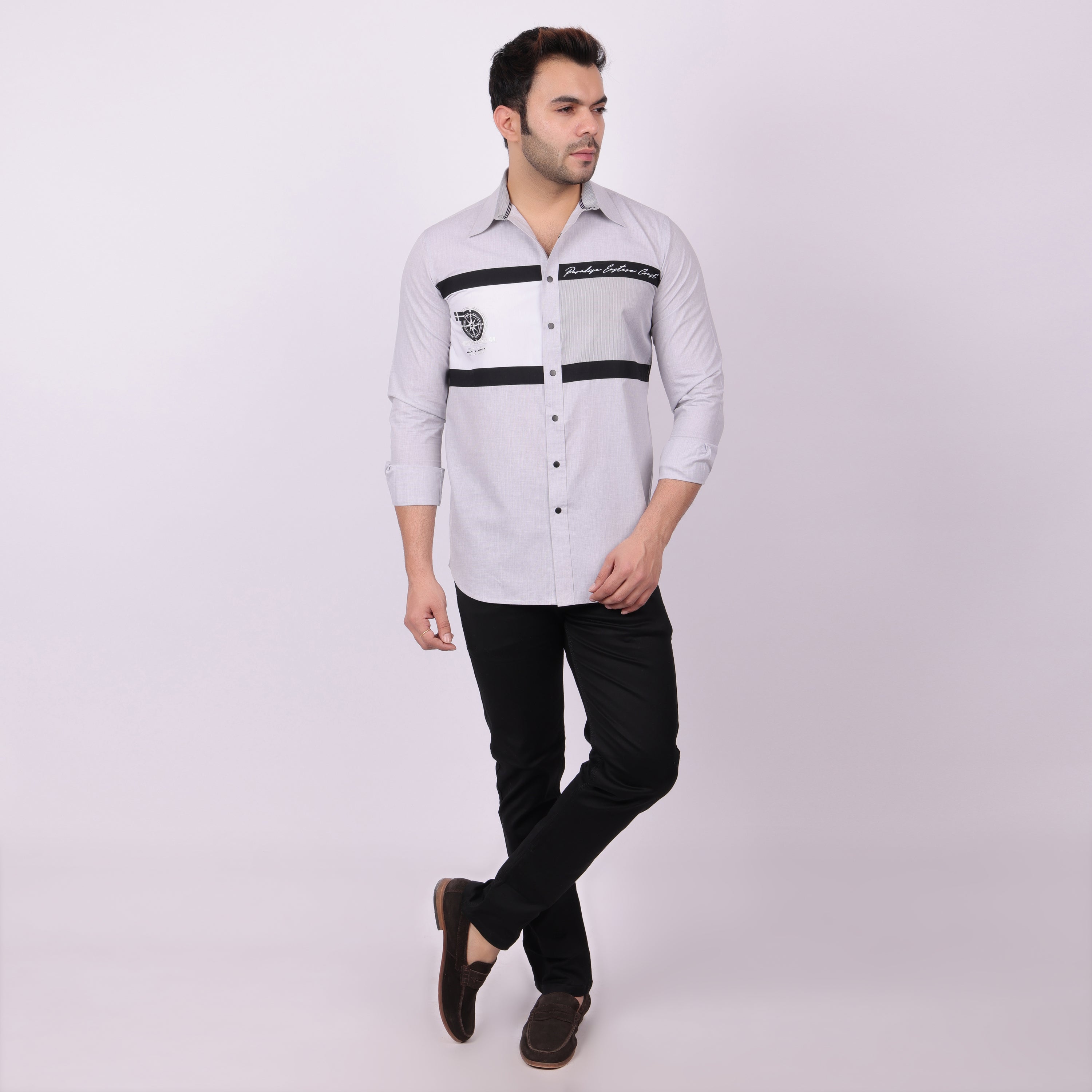 Pier Seven Tailored Polycotton Colour Block Regular Fit Shirt for Men - Grey (CWY009) Pier Seven