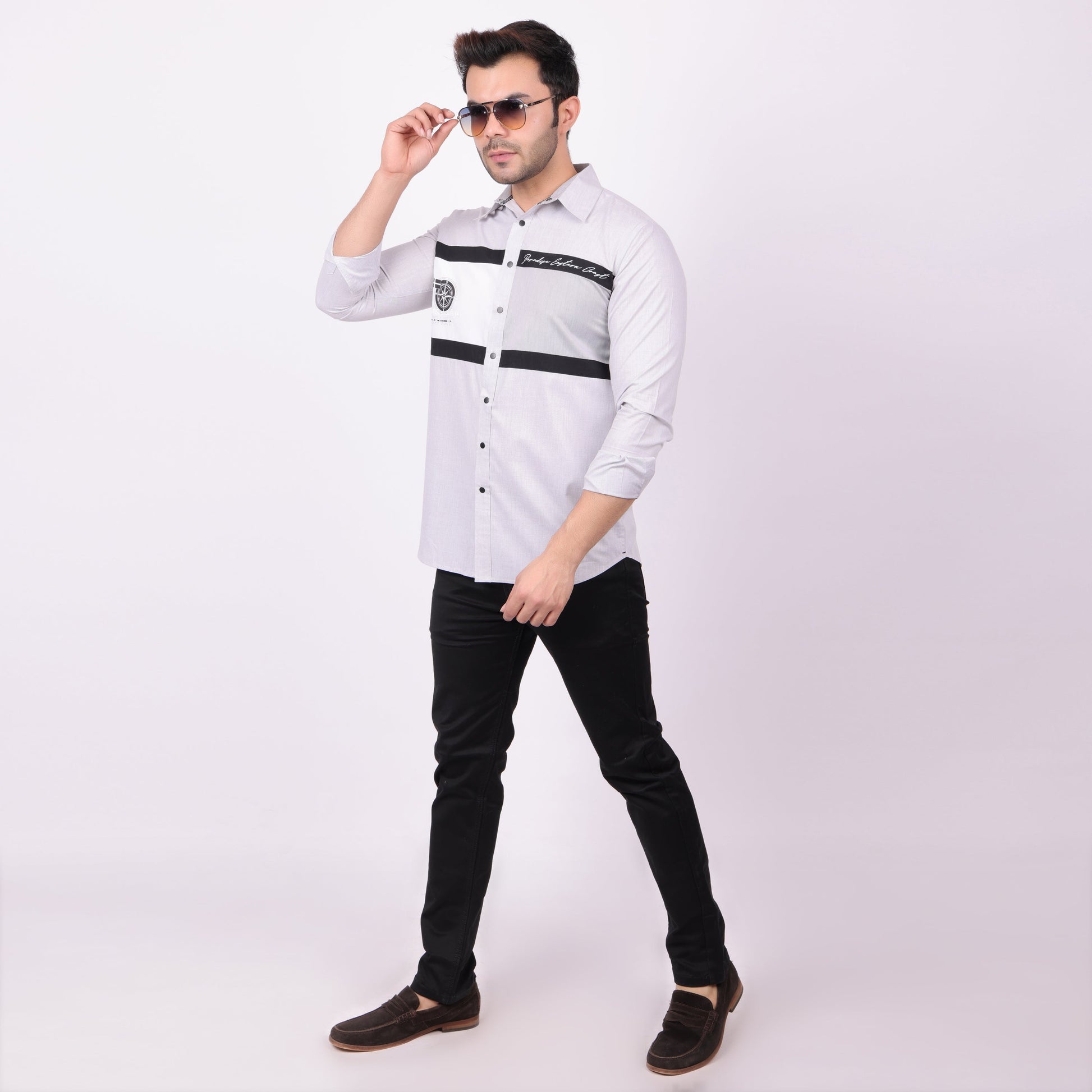 Pier Seven Tailored Polycotton Colour Block Regular Fit Shirt for Men - Grey (CWY009) Pier Seven