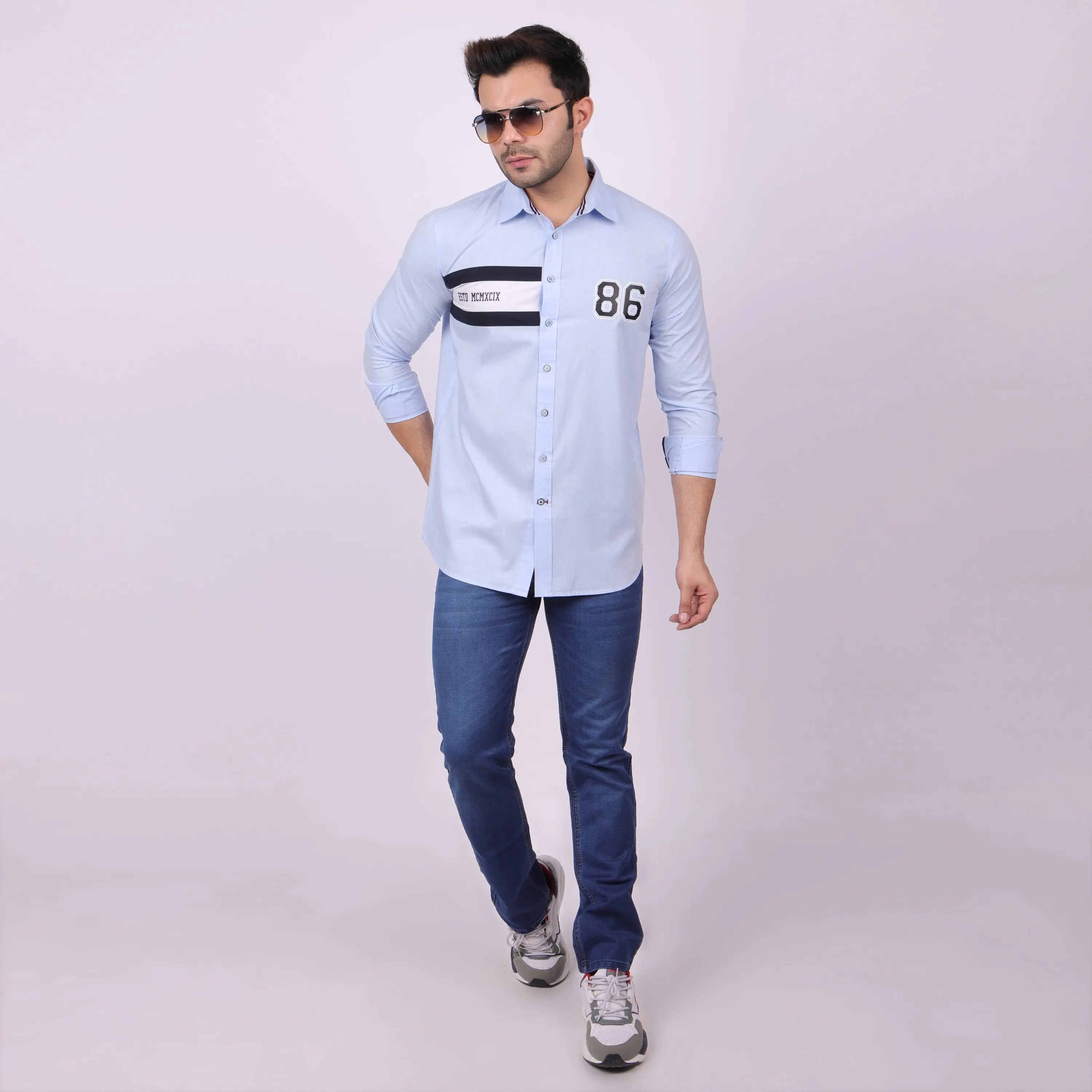 Pier Seven Men's Cotton Blended Placement Print Regular Fit Shirt - Blue (CWY011) Pier Seven