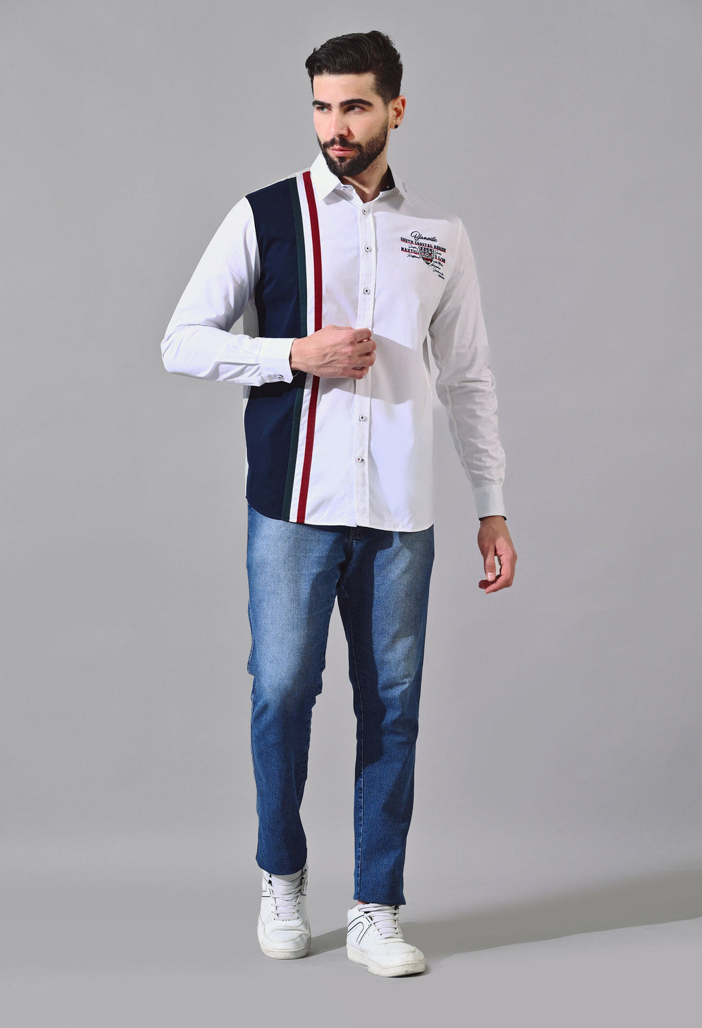 Pier Seven Urban Cotton Embroided Colour Block Regular Fit Shirt for Men - White (CWY020) Pier Seven