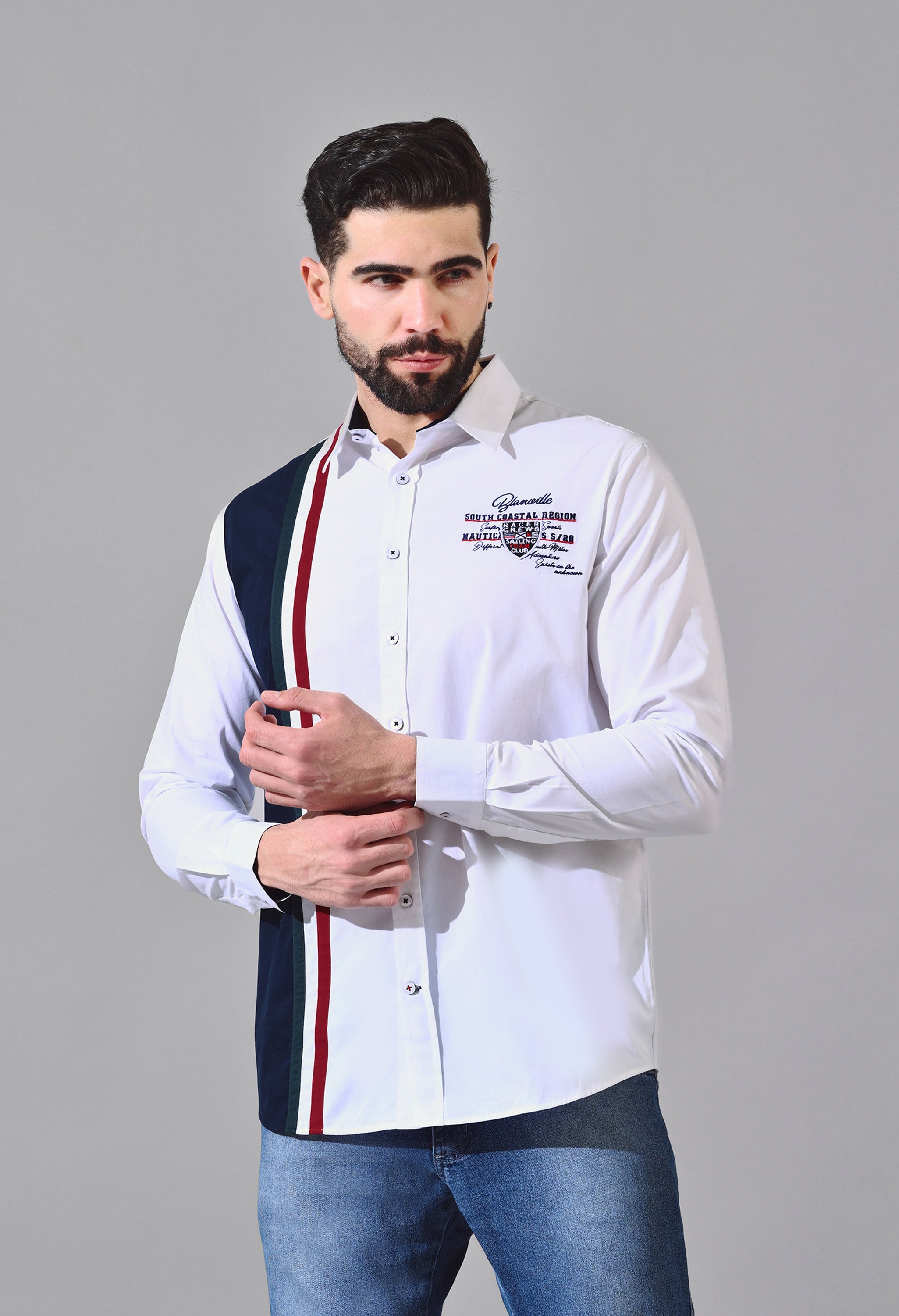 Pier Seven Urban Cotton Embroided Colour Block Regular Fit Shirt for Men - White (CWY020) Pier Seven