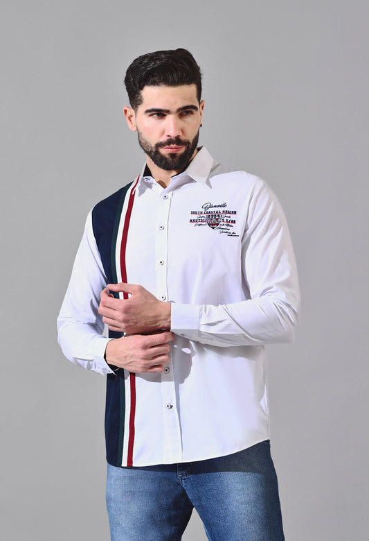 Pier Seven Urban Cotton Embroided Colour Block Regular Fit Shirt for Men - White (CWY020) Pier Seven