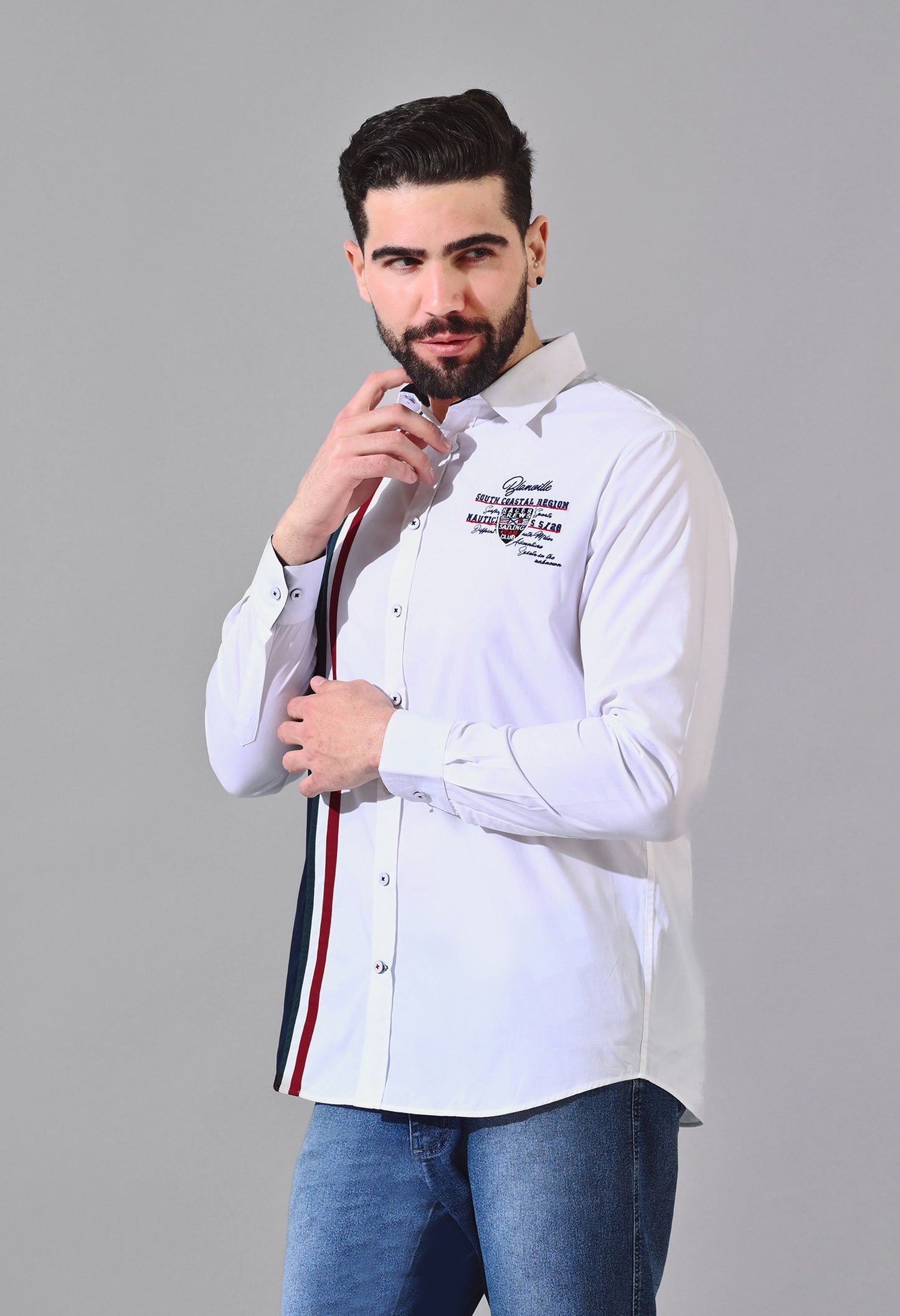 Pier Seven Urban Cotton Embroided Colour Block Regular Fit Shirt for Men - White (CWY020) Pier Seven
