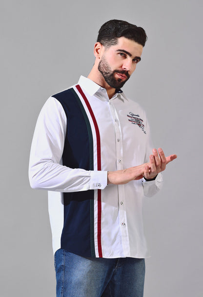 Pier Seven Urban Cotton Embroided Colour Block Regular Fit Shirt for Men - White (CWY020) Pier Seven