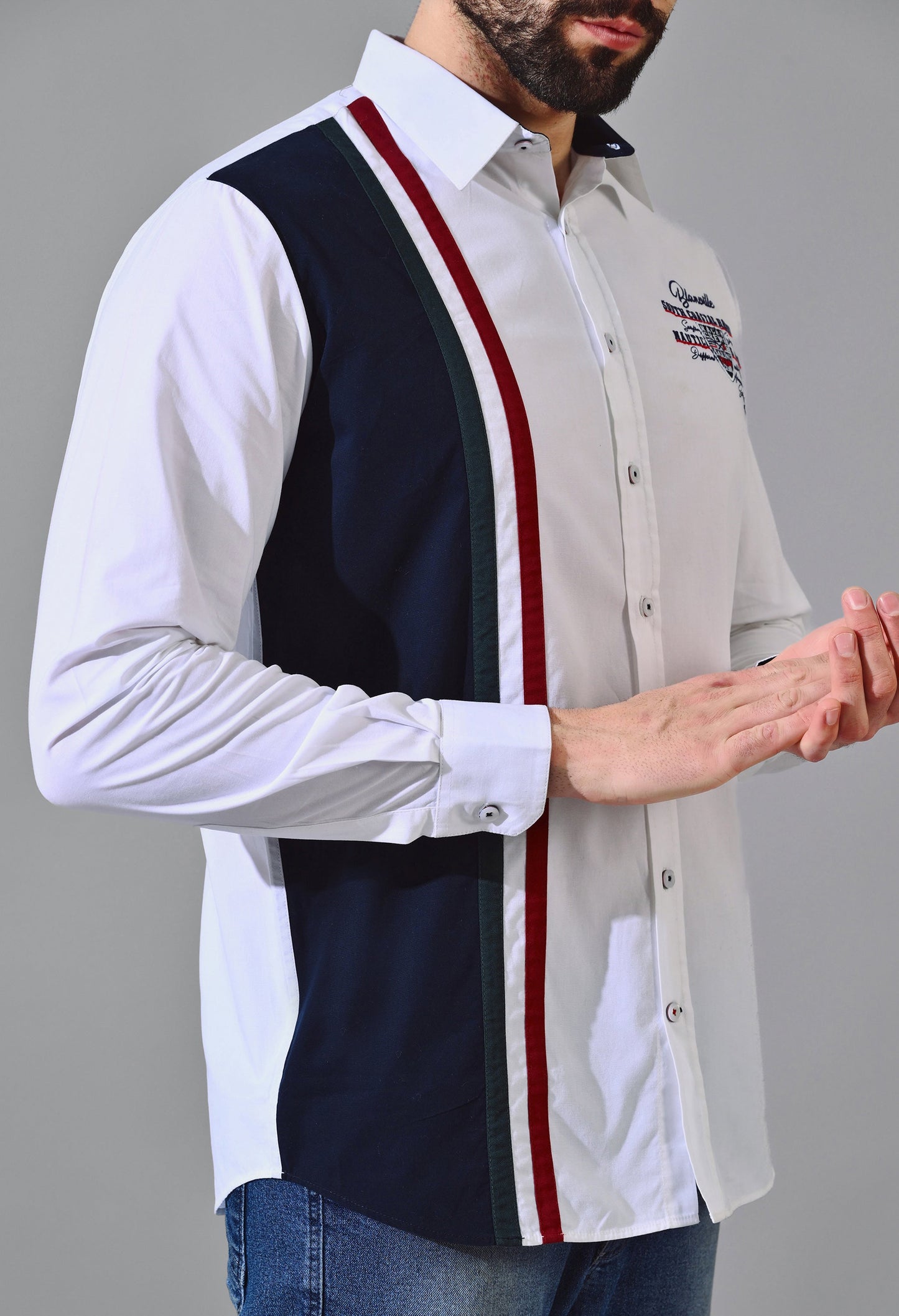 Pier Seven Urban Cotton Embroided Colour Block Regular Fit Shirt for Men - White (CWY020) Pier Seven