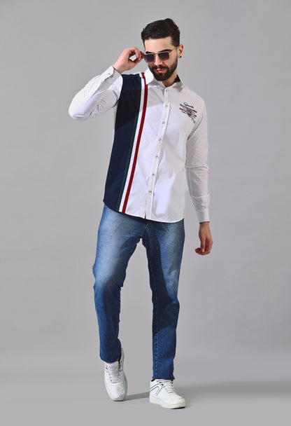 Pier Seven Urban Cotton Embroided Colour Block Regular Fit Shirt for Men - White (CWY020) Pier Seven