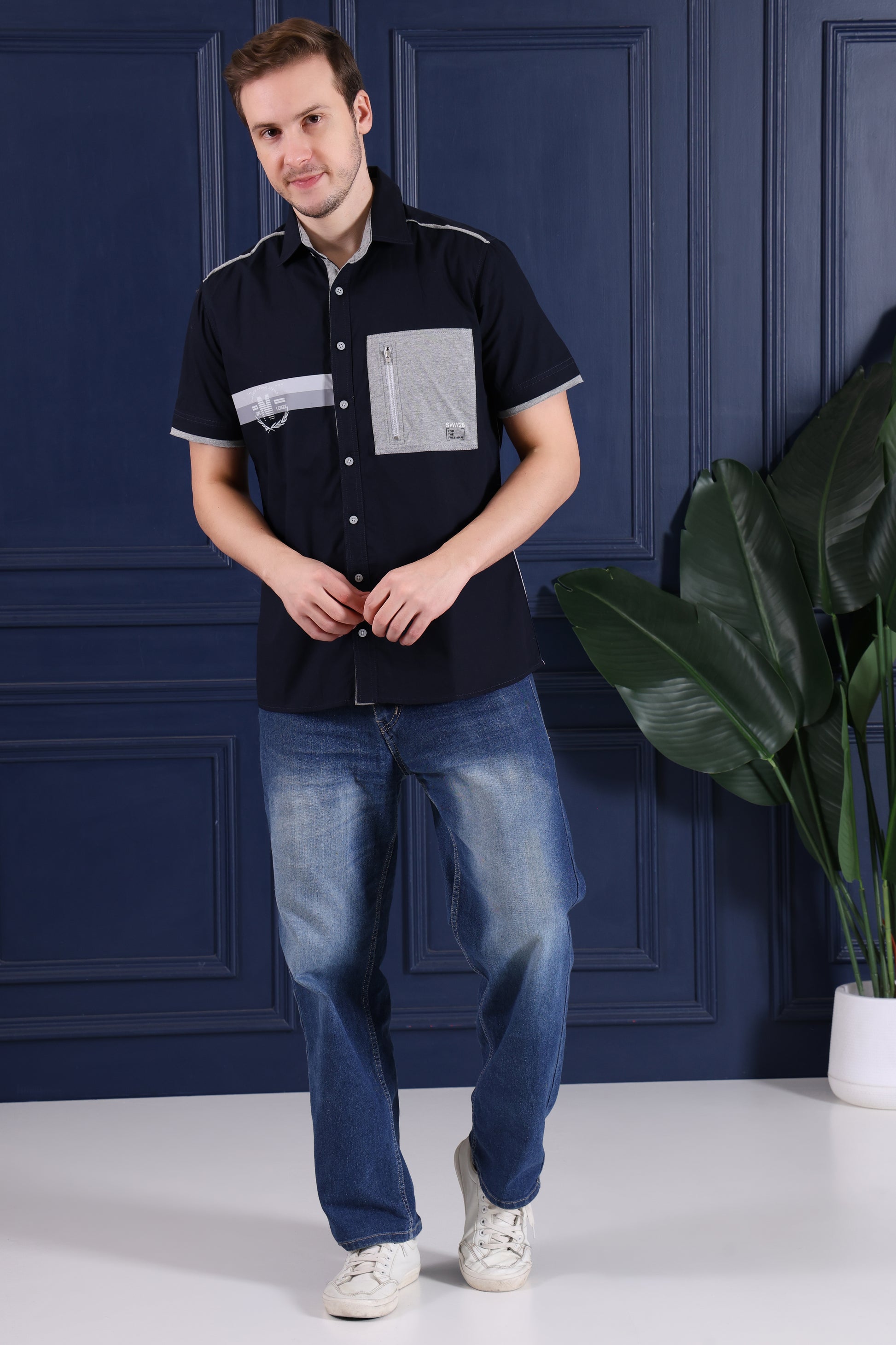 Pier Seven Urban Cotton Printed Regular Fit Shirt for Men - Navy (CWY026) Pier Seven