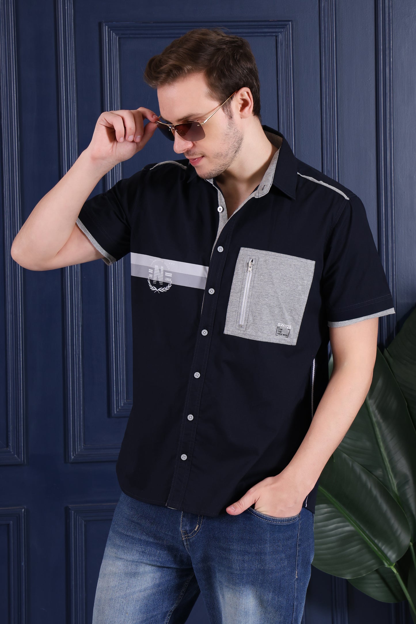 Pier Seven Urban Cotton Printed Regular Fit Shirt for Men - Navy (CWY026) Pier Seven