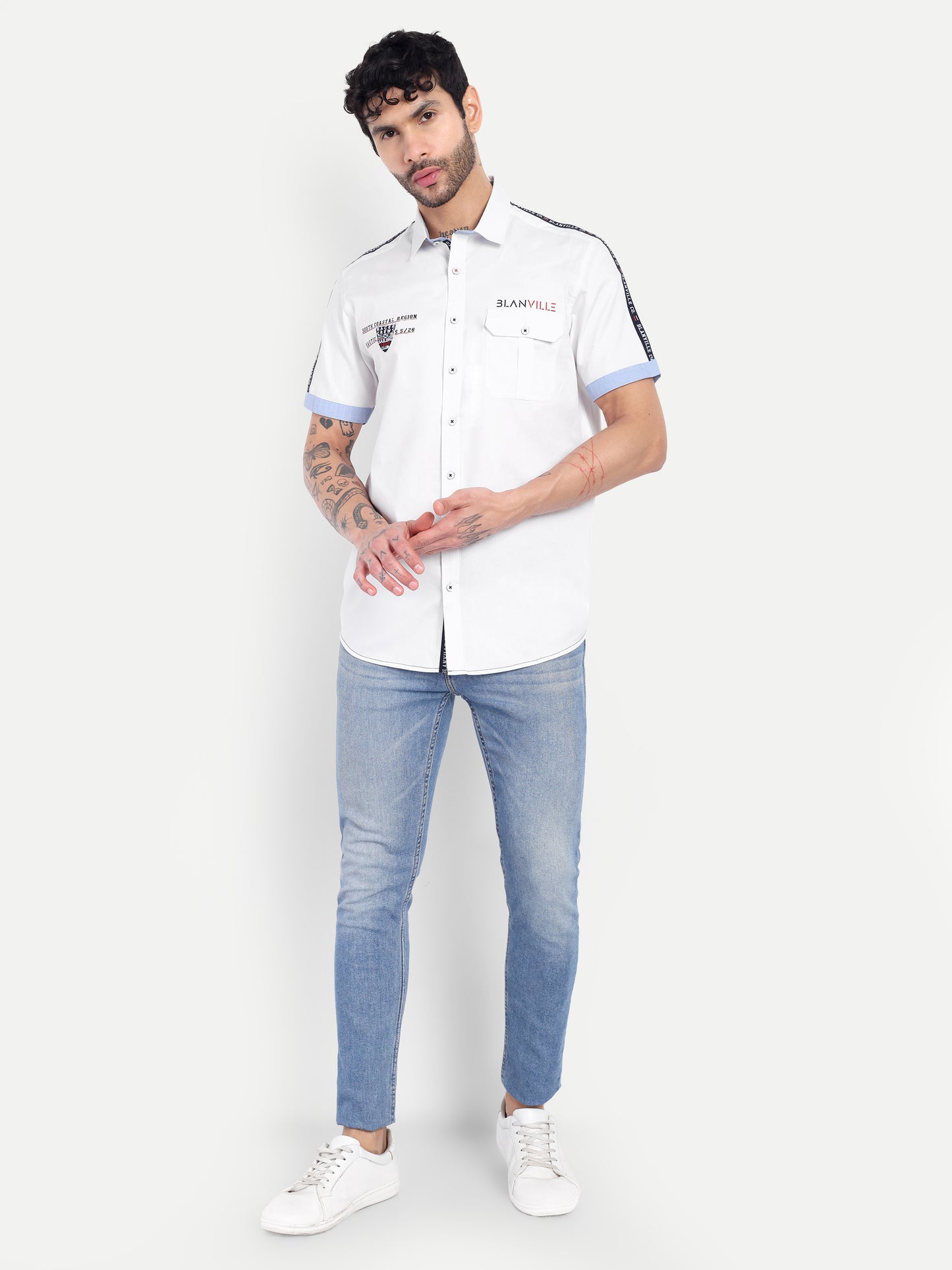 Pier Seven Urban Cotton Embroidered Men's Regular Fit Shirt - White (CWY037)