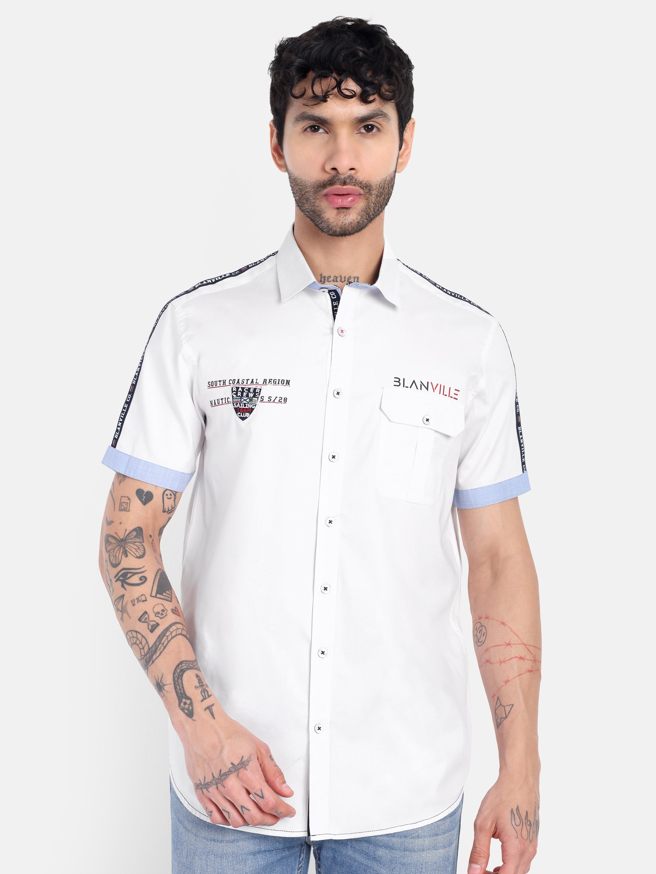 COSTAL TAP TRIM NAUTICAL TRIM CASUAL SHIRT WHITE