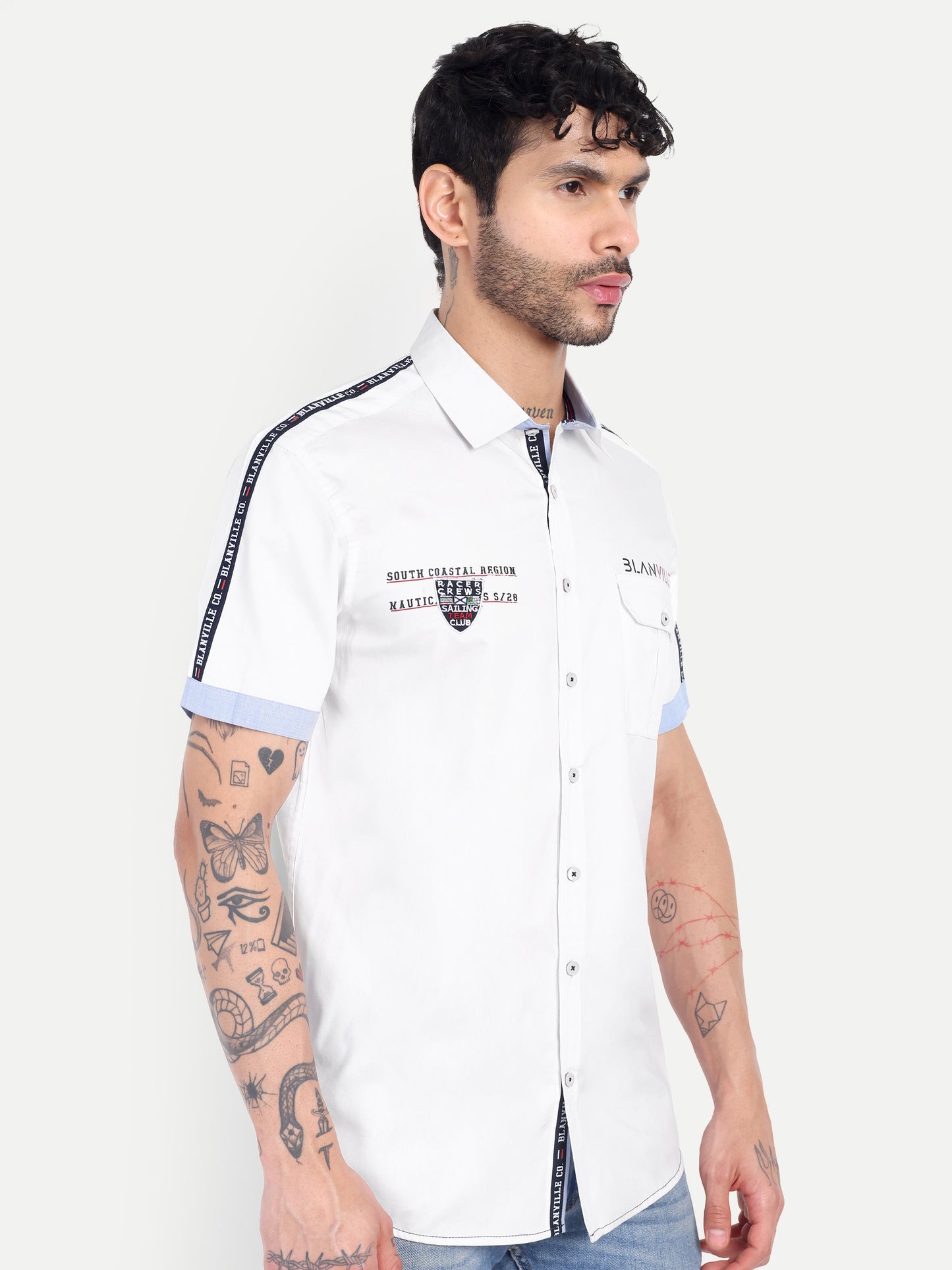 Pier Seven Urban Cotton Embroidered Men's Regular Fit Shirt - White (CWY037)