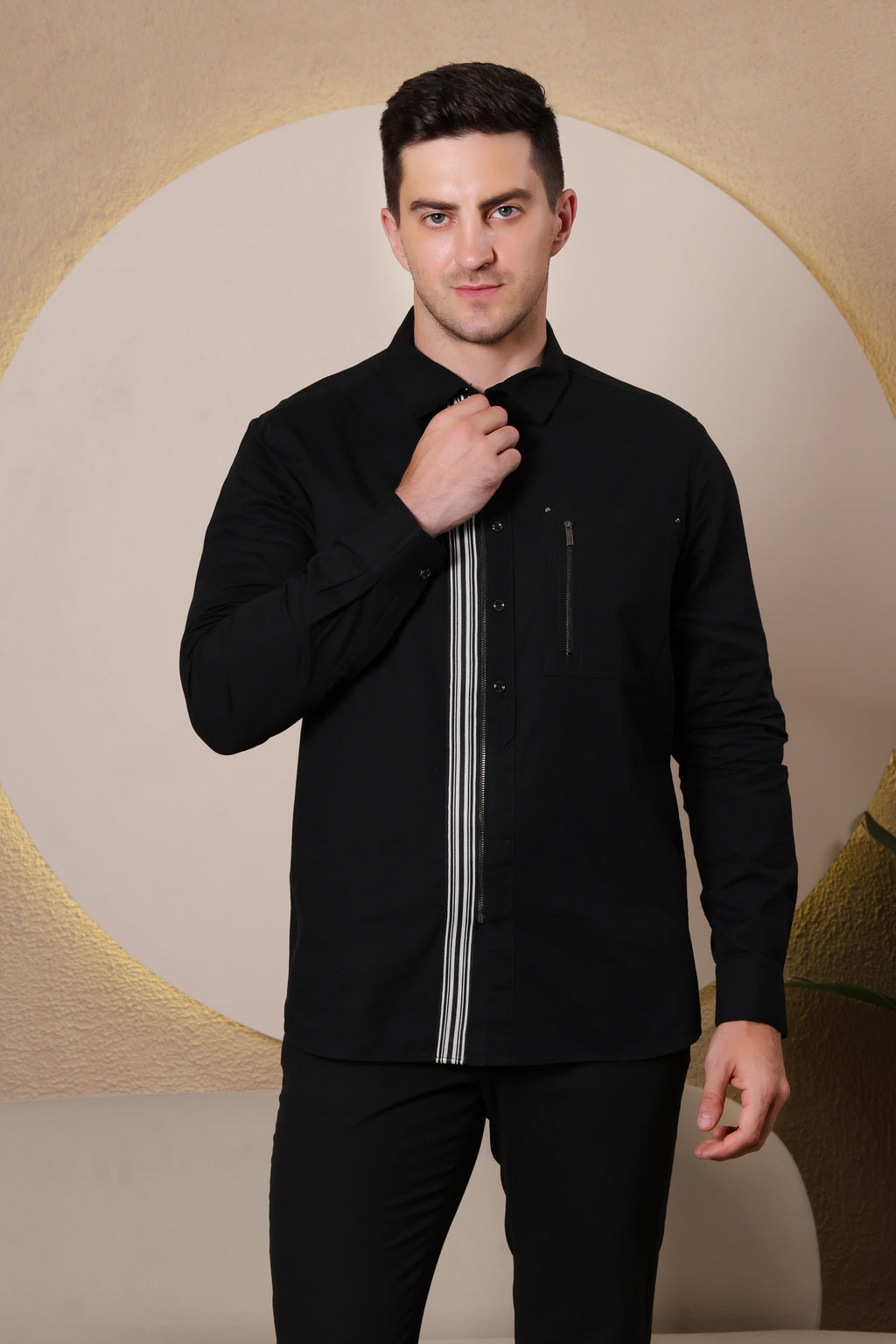 MIDNIGHT PIN STRIPE ZIP PLACKET CASUAL SHIRT BLACK