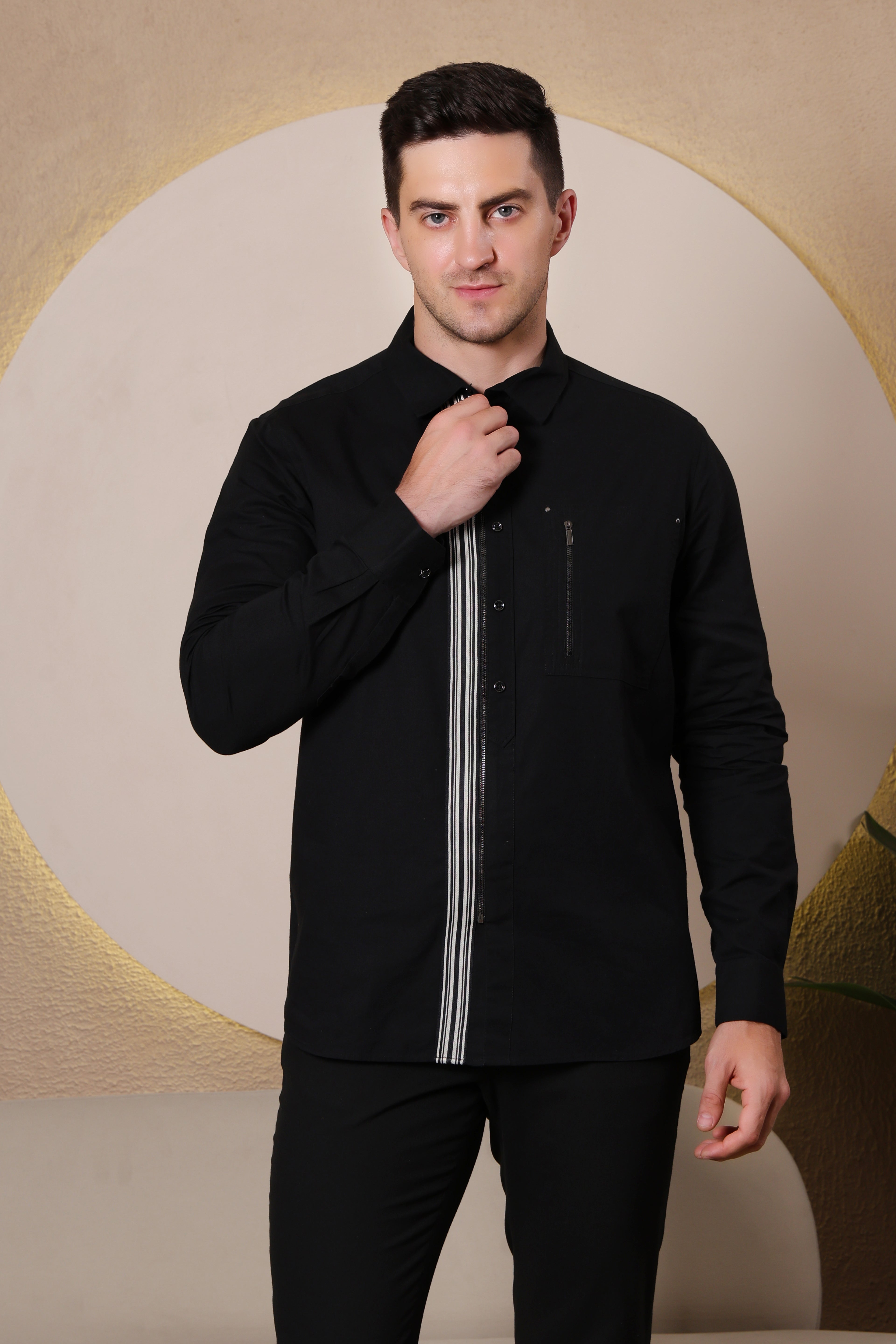 MIDNIGHT PIN STRIPE ZIP PLACKET CASUAL SHIRT BLACK