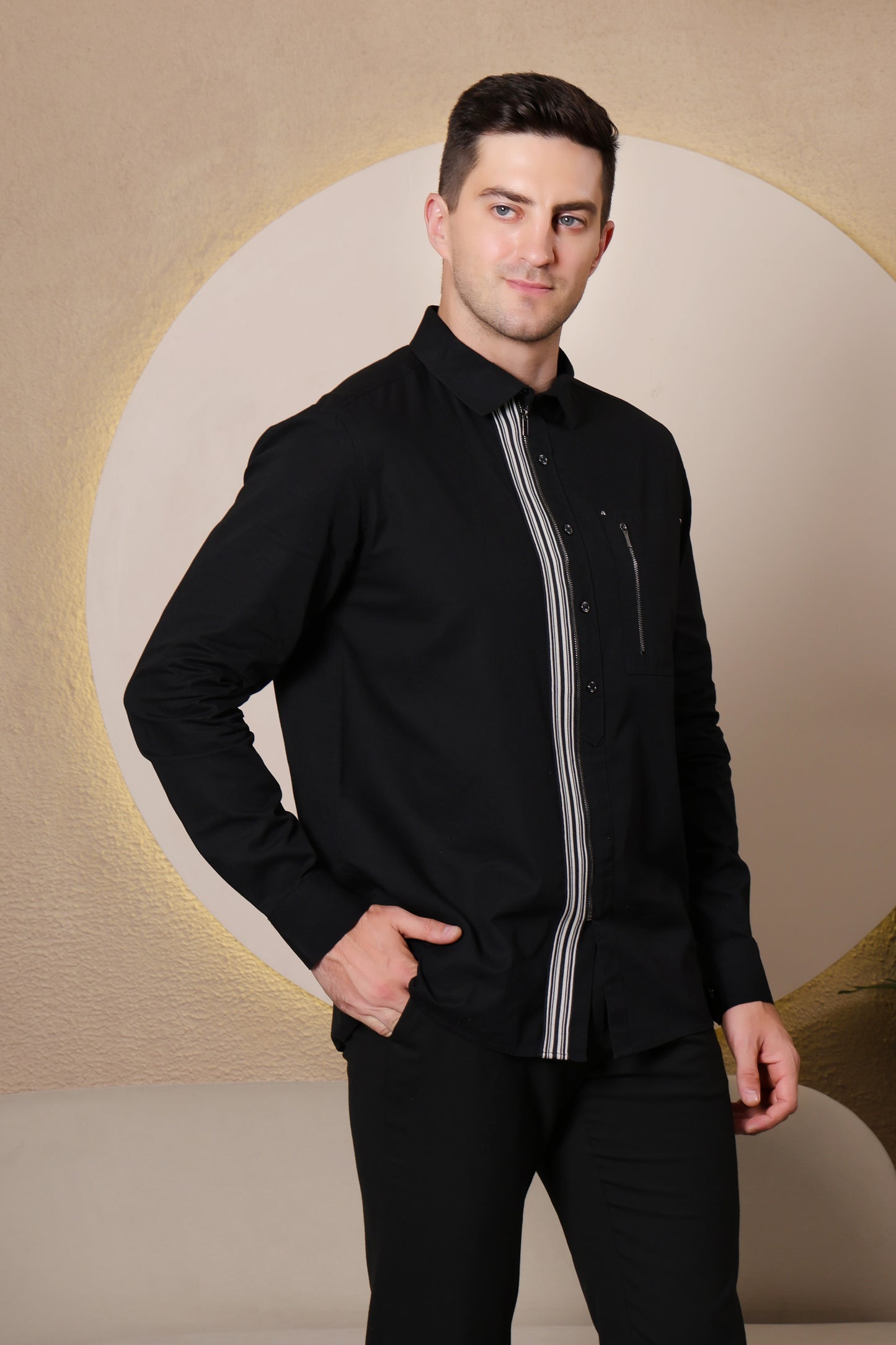 Pier Seven Urban Cotton Zipper Men's Regular Fit Shirt - Black (CWY045)