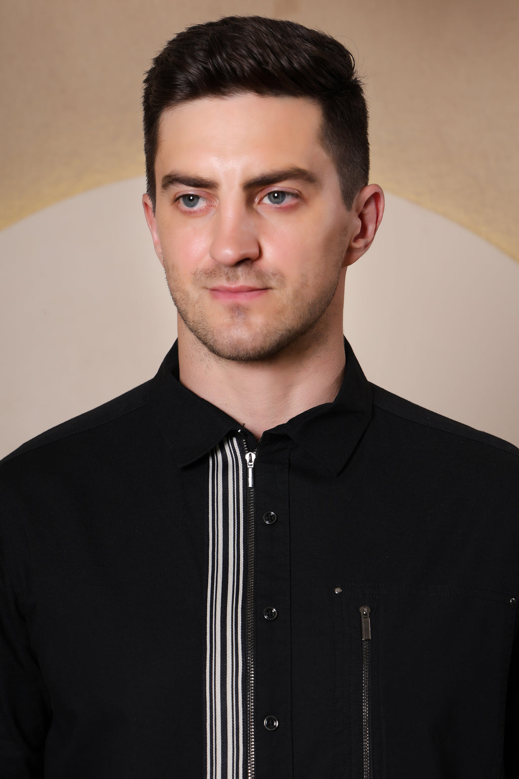 MIDNIGHT PIN STRIPE ZIP PLACKET CASUAL SHIRT BLACK