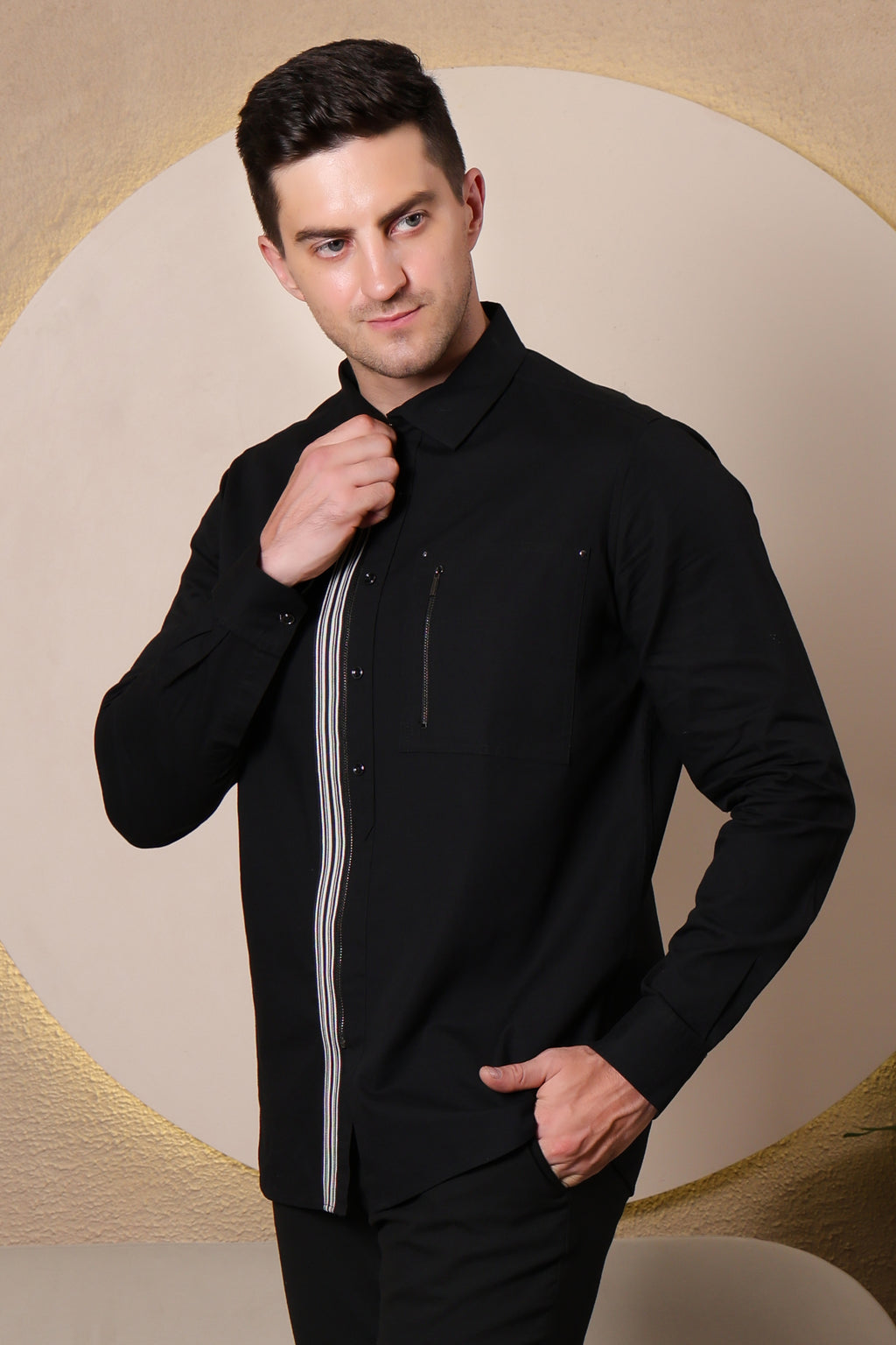 MIDNIGHT PIN STRIPE ZIP PLACKET CASUAL SHIRT BLACK