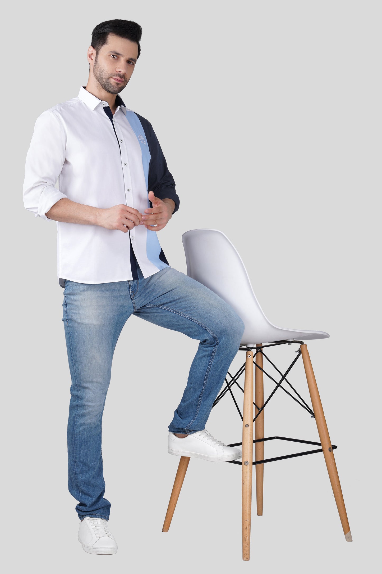 Pier Seven Urban Cotton Embroided Colour Block Regular Fit Shirt for Men - White (CWY050) Pier Seven