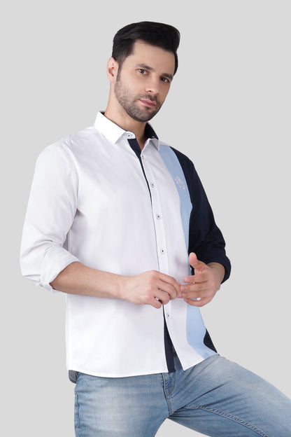 Pier Seven Urban Cotton Embroided Colour Block Regular Fit Shirt for Men - White (CWY050) Pier Seven