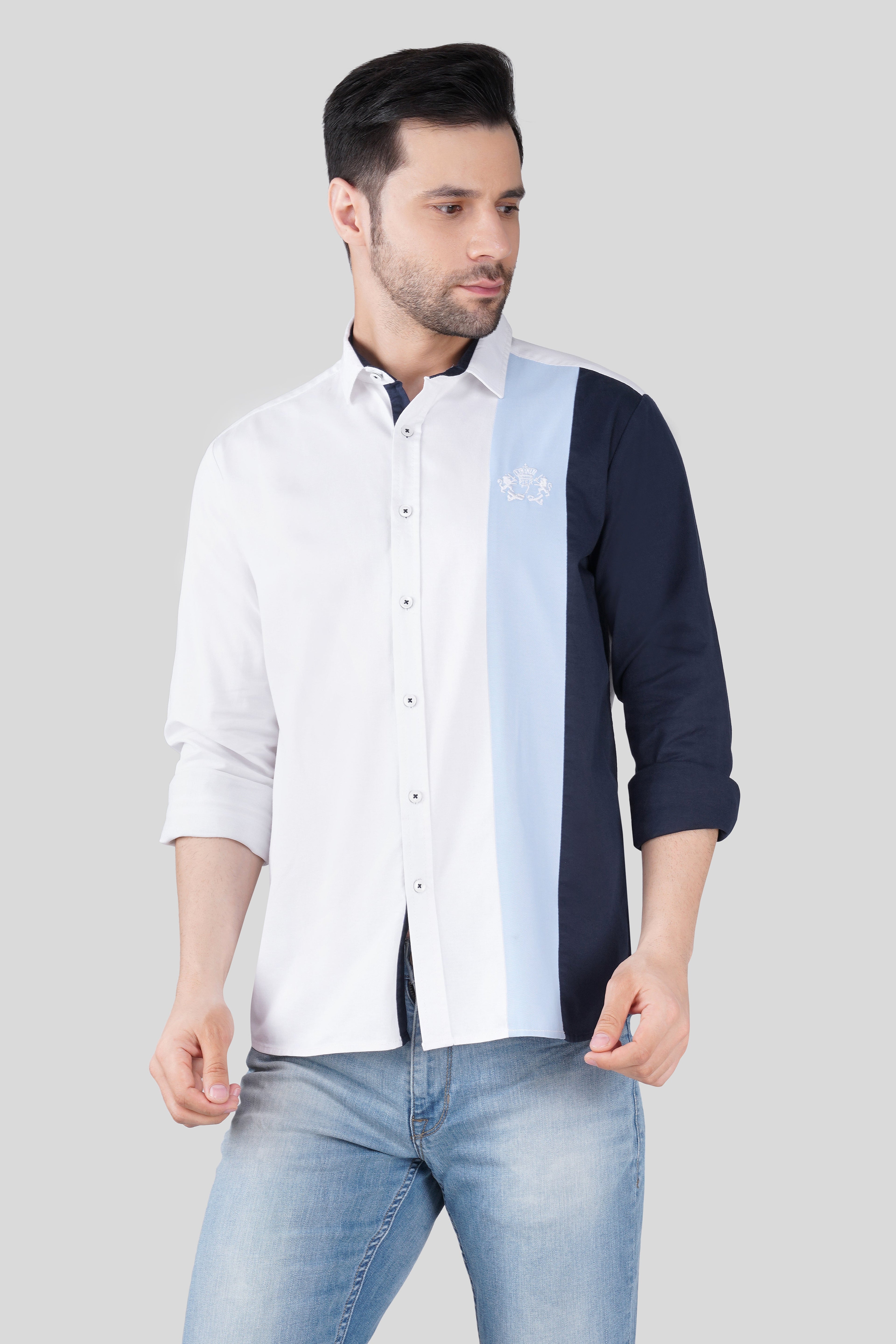 Pier Seven Urban Cotton Embroided Colour Block Regular Fit Shirt for Men - White (CWY050) Pier Seven