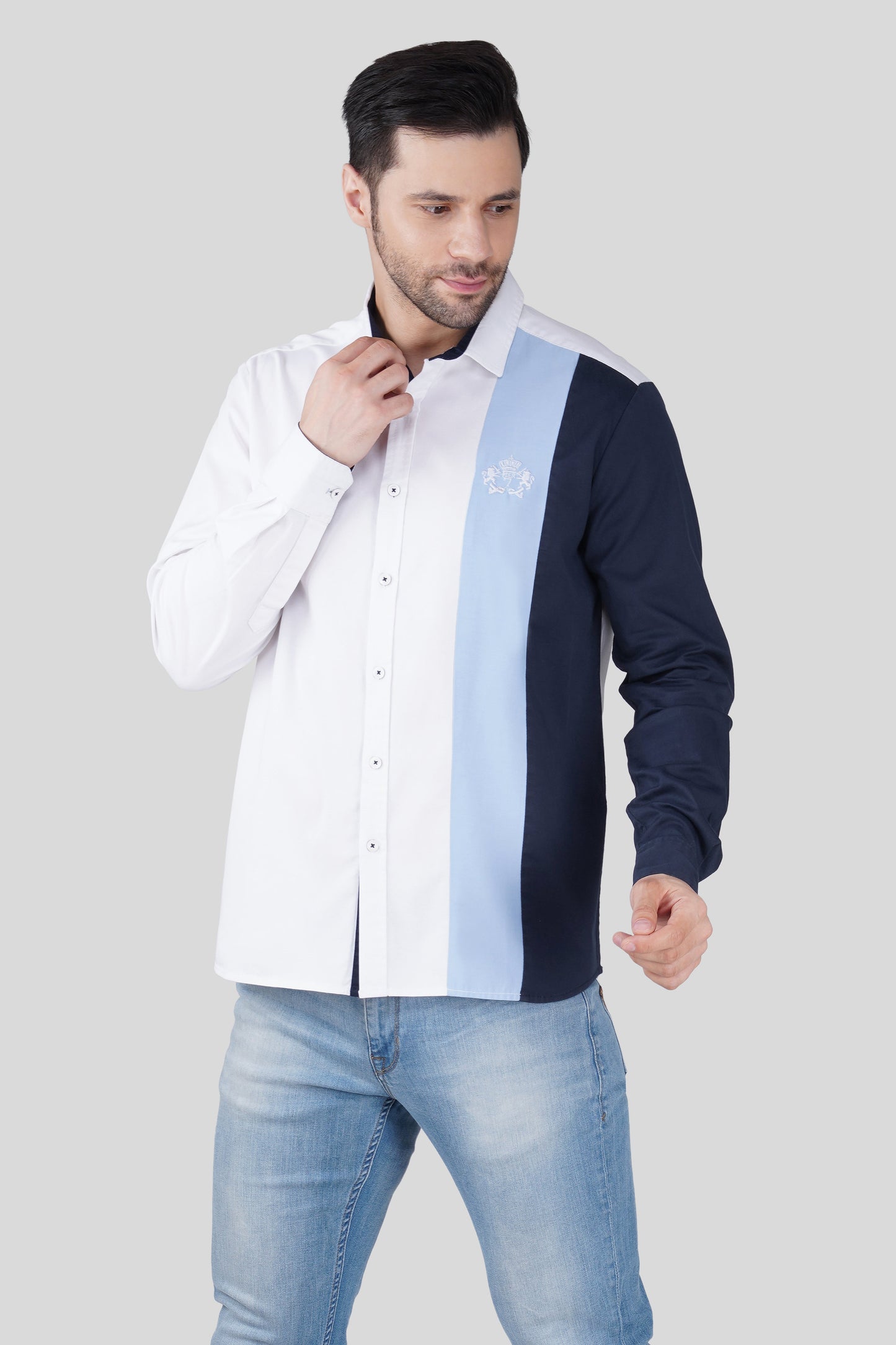Pier Seven Urban Cotton Embroided Colour Block Regular Fit Shirt for Men - White (CWY050) Pier Seven