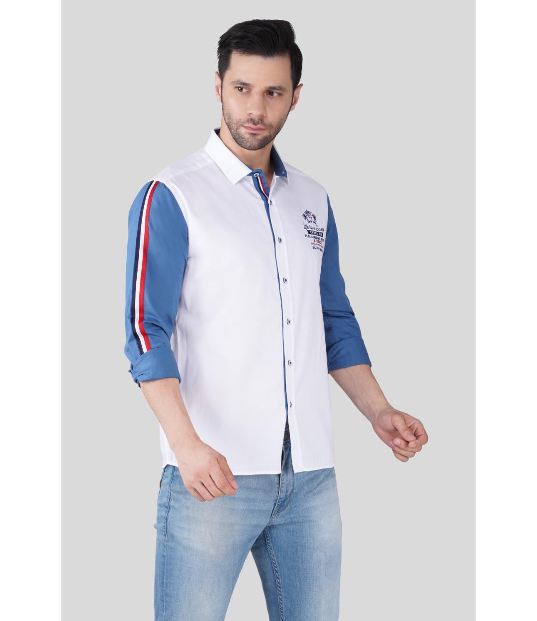 Men’s White & Blue Regular Fit Shirt with Contrast Stripe Sleeves | Premium Cotton Blend Shirt (JWC002)