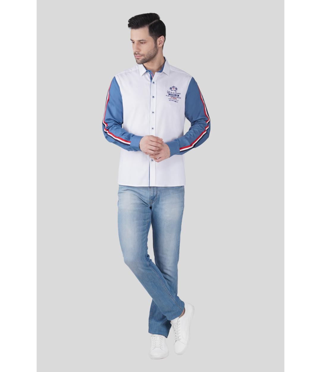 Men’s White & Blue Regular Fit Shirt with Contrast Stripe Sleeves | Premium Cotton Blend Shirt (JWC002)