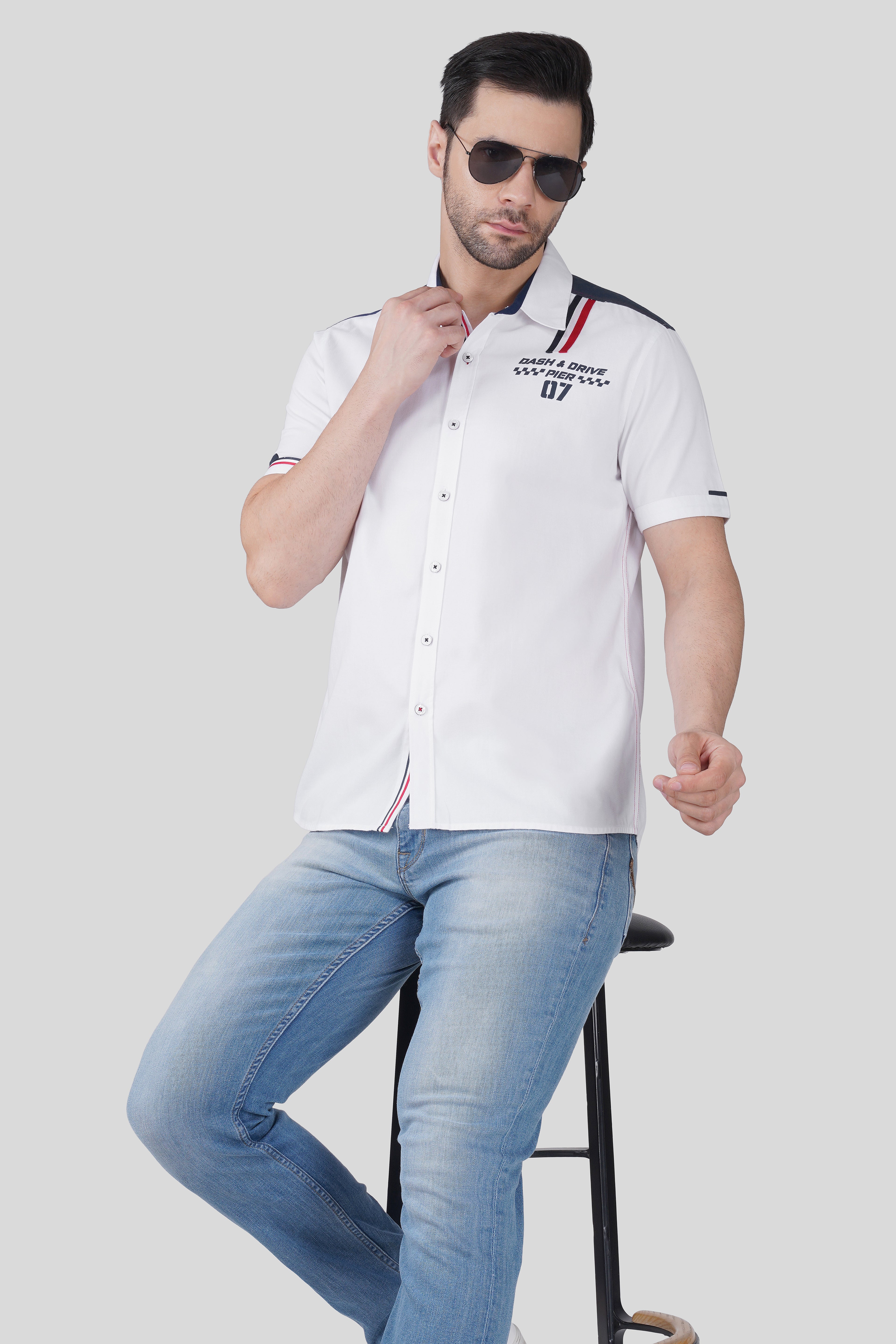 DASH AND DRIVE PRINTED CASUAL SHIRT WHITE
