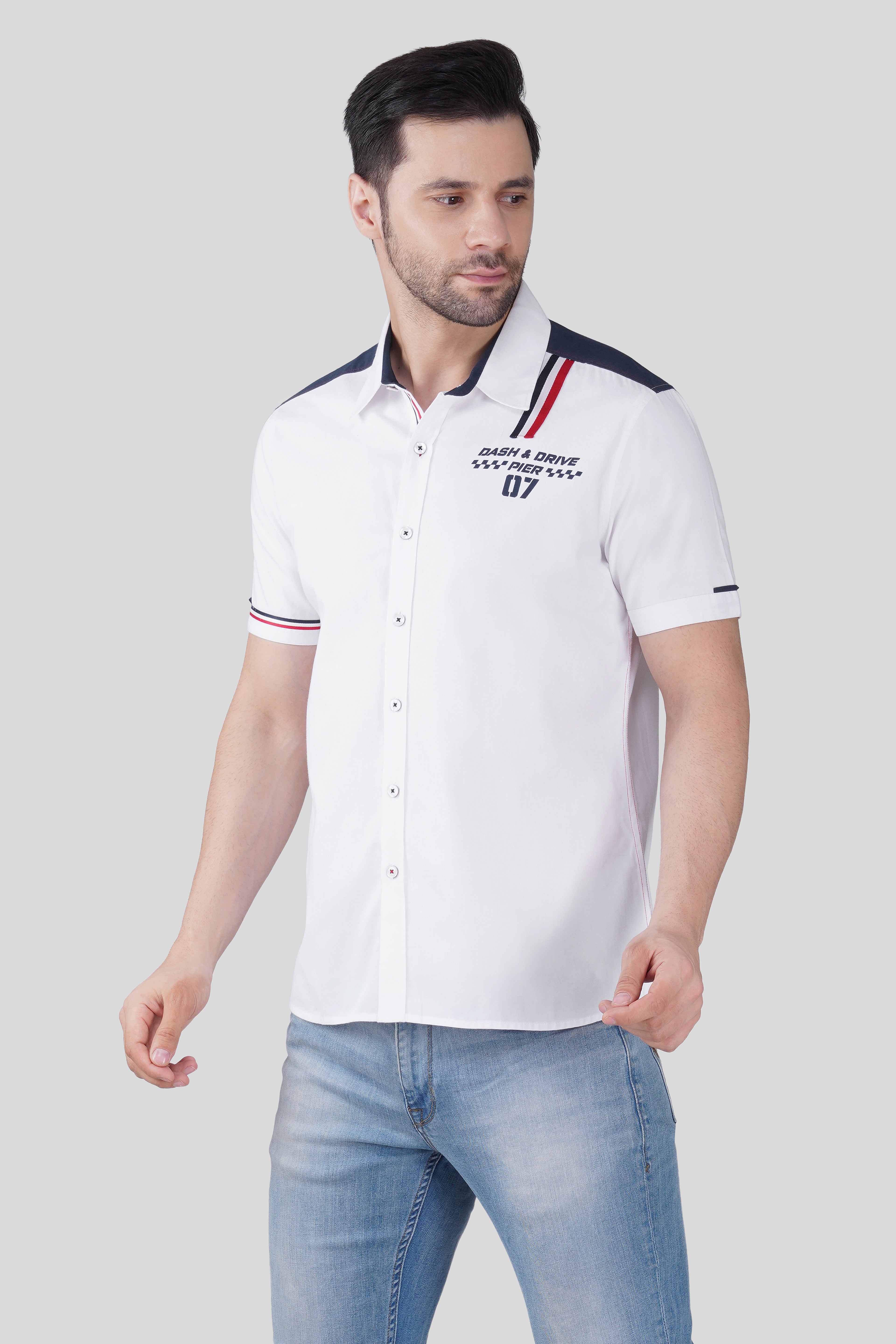 DASH AND DRIVE PRINTED CASUAL SHIRT WHITE