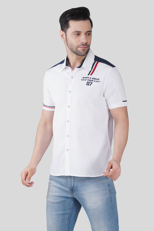 Men White Cotton Slim Fit Printed Casual Shirt with Contrast Panel & Stripe Detail