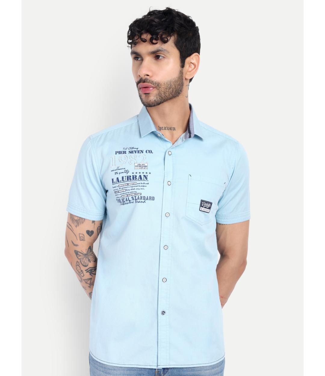 Premium Sky Blue Printed Casual Shirt for Men – Regular Fit, Short Sleeve Cotton Shirt (CWY069)