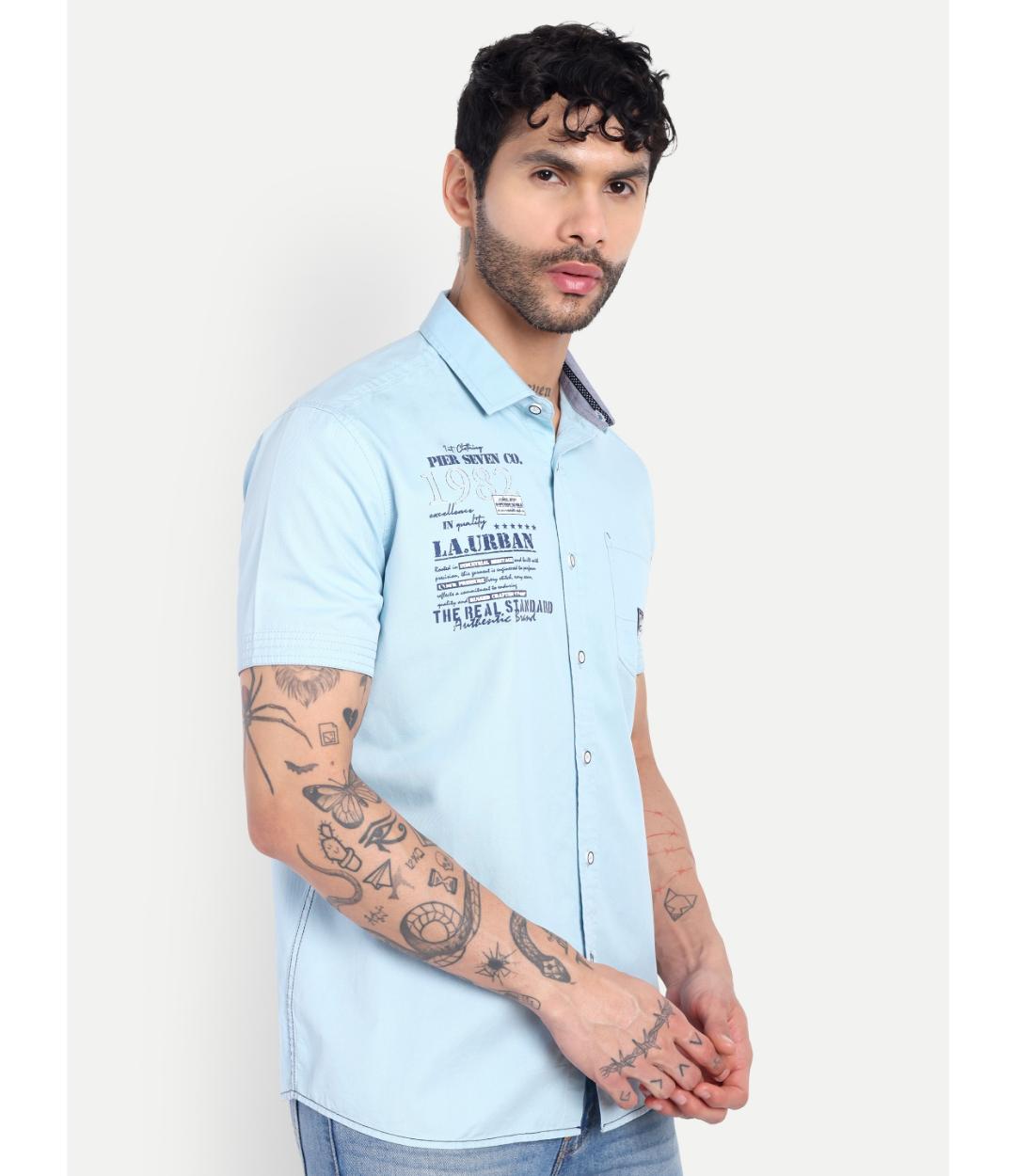 Premium Sky Blue Printed Casual Shirt for Men – Regular Fit, Short Sleeve Cotton Shirt (CWY069)