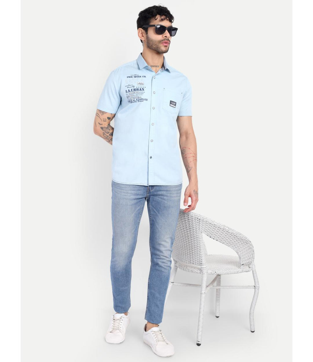 Premium Sky Blue Printed Casual Shirt for Men – Regular Fit, Short Sleeve Cotton Shirt (CWY069)