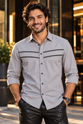 Chemise homme en mélange de coton brodé, coupe ajustée, manches longues - Noir (PWY066)