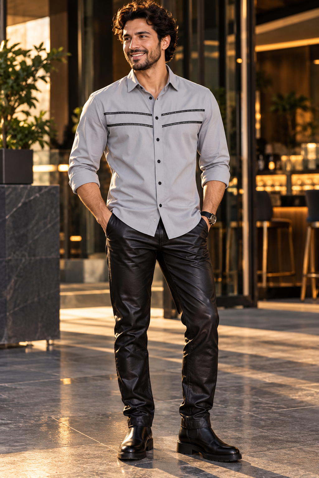 Chemise homme en mélange de coton brodé, coupe ajustée, manches longues - Noir (PWY066)