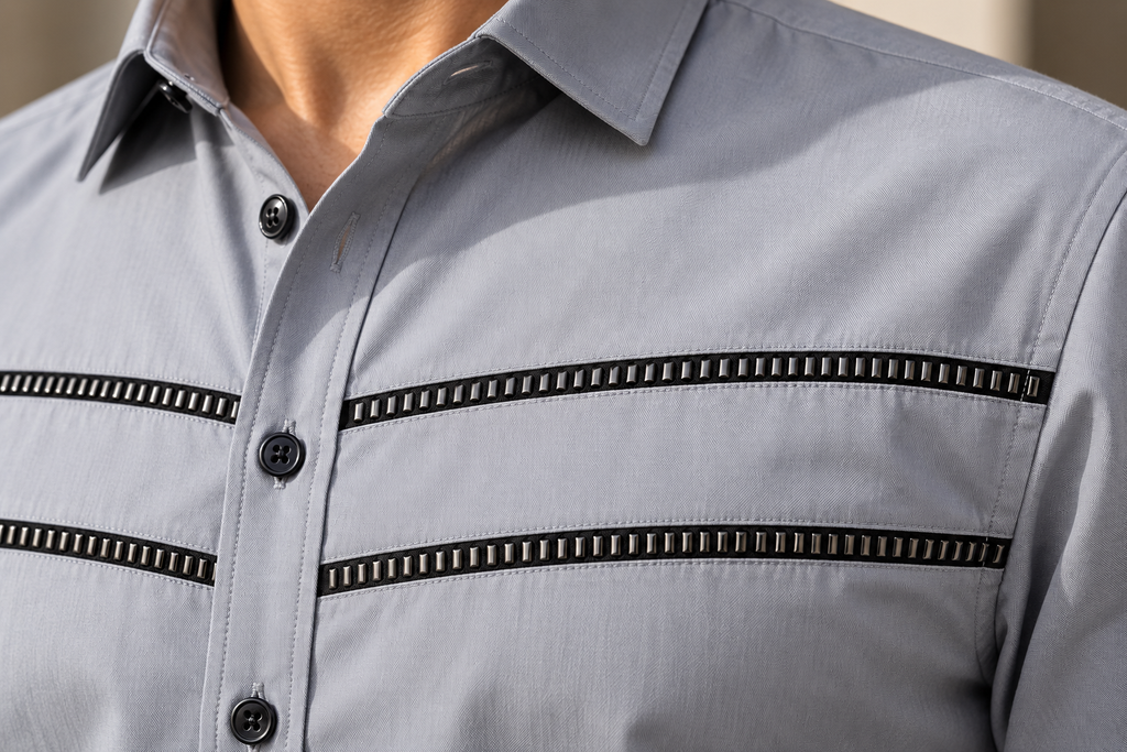 Chemise homme en mélange de coton brodé, coupe ajustée, manches longues - Noir (PWY066)