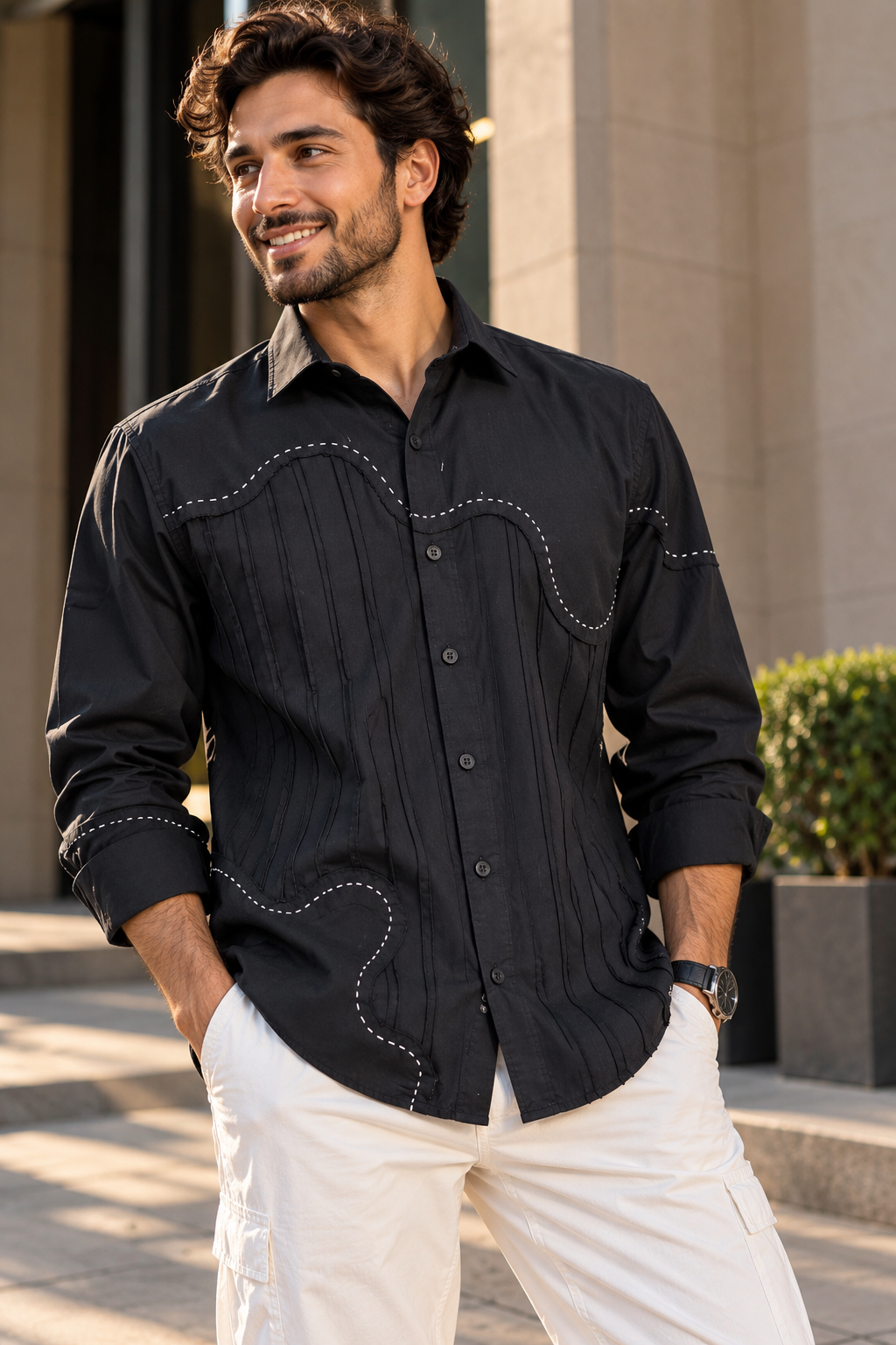 Chemise homme en mélange de coton brodé, coupe ajustée, manches longues - Noir (PWY066)