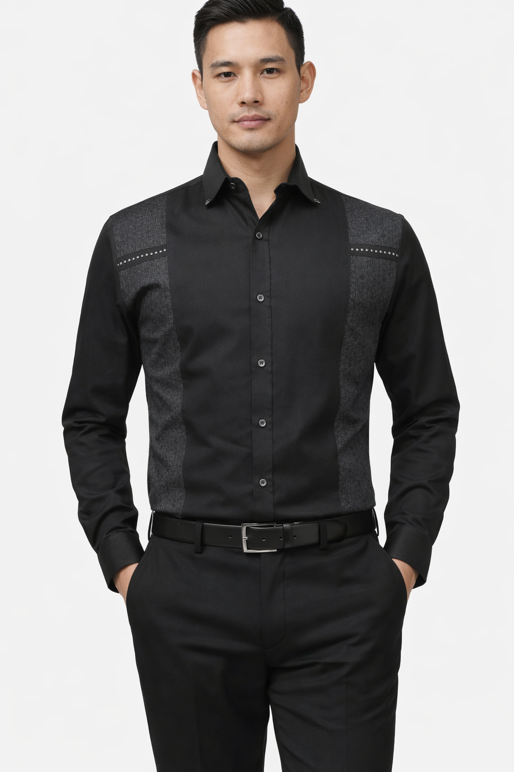 BLACK TEXTURE PRINT PANEL PARTY SHIRT  (PWY096)