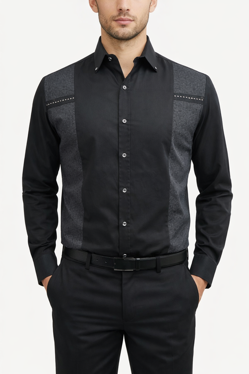 BLACK TEXTURE PRINT PANEL PARTY SHIRT  (PWY096)