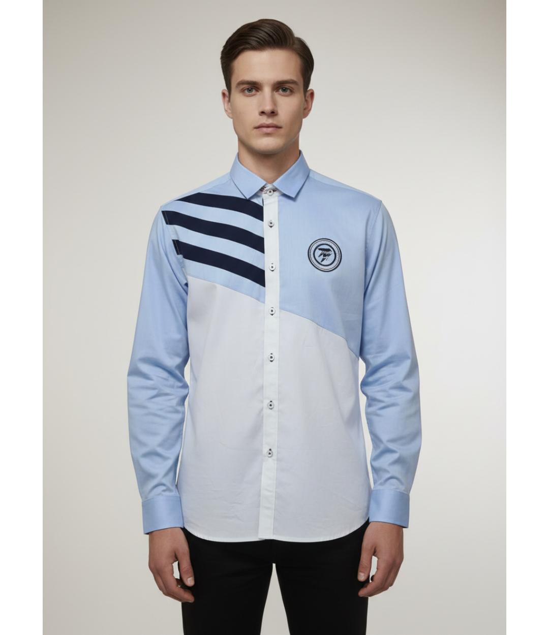 Men’s Premium Asymmetrical Nautical Block Regular Fit Shirt – Sky Blue & White Contrast (JWM125)