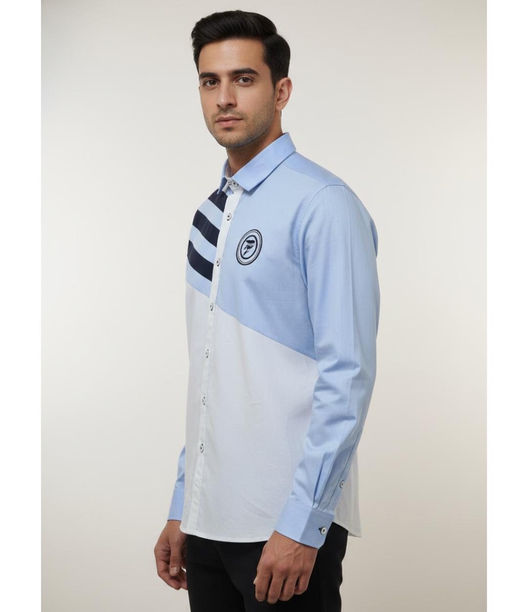Men’s Premium Asymmetrical Nautical Block Regular Fit Shirt – Sky Blue & White Contrast (JWM125)